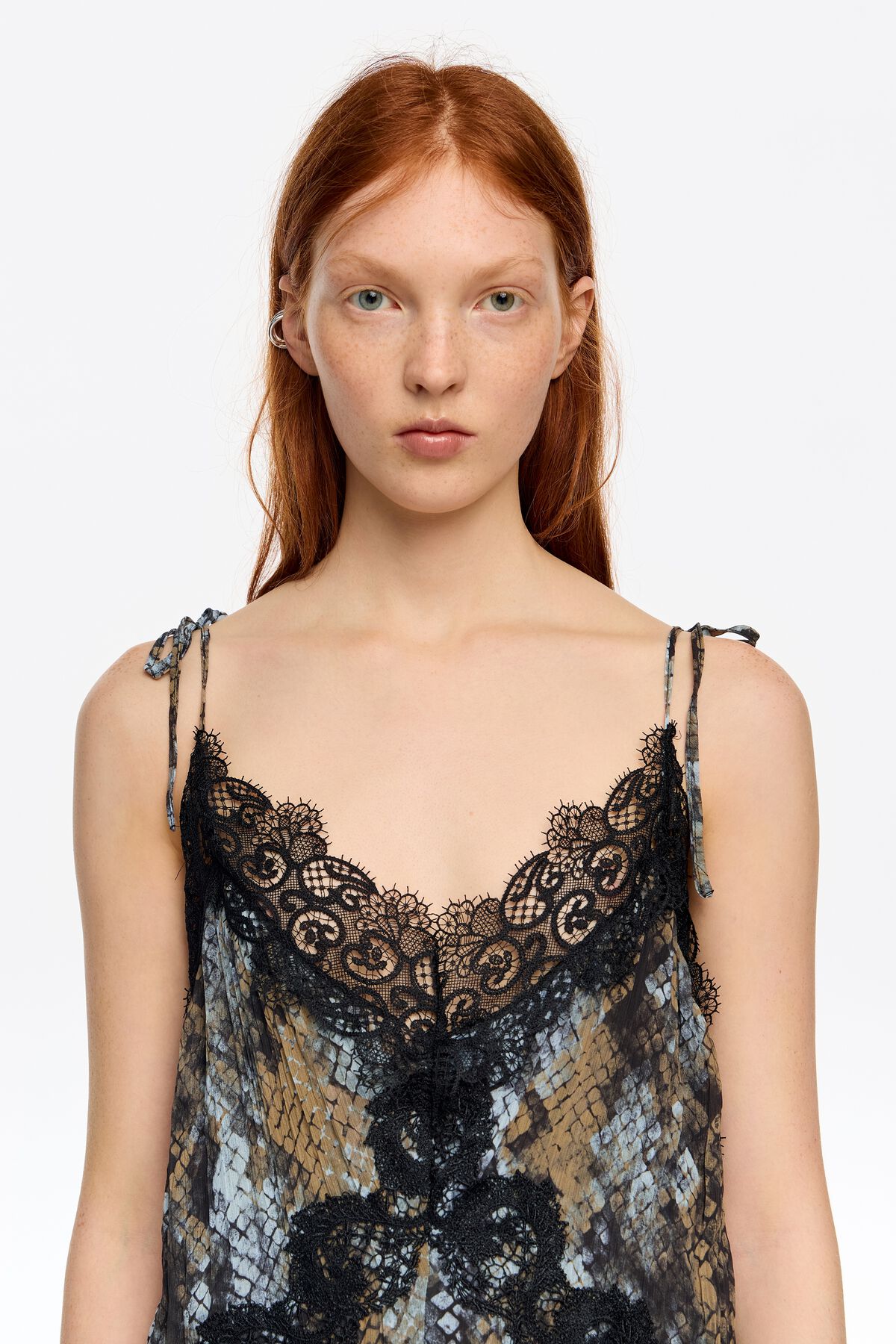 Khaki Snake pleated lace dress