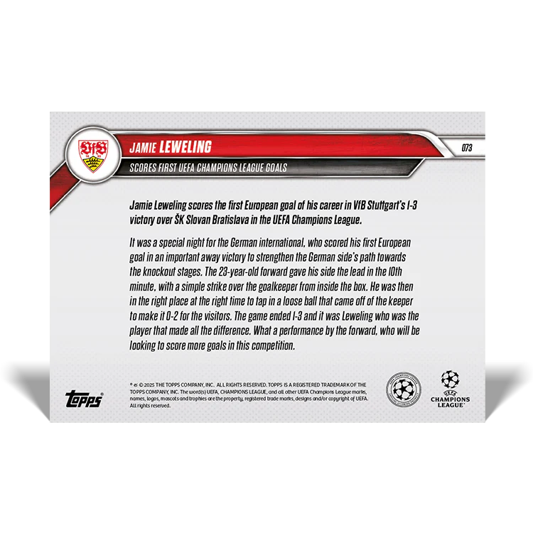 Jamie Leweling - Scores first UEFA Champions League goals - 24/25 UCL Topps NOW® Card 73