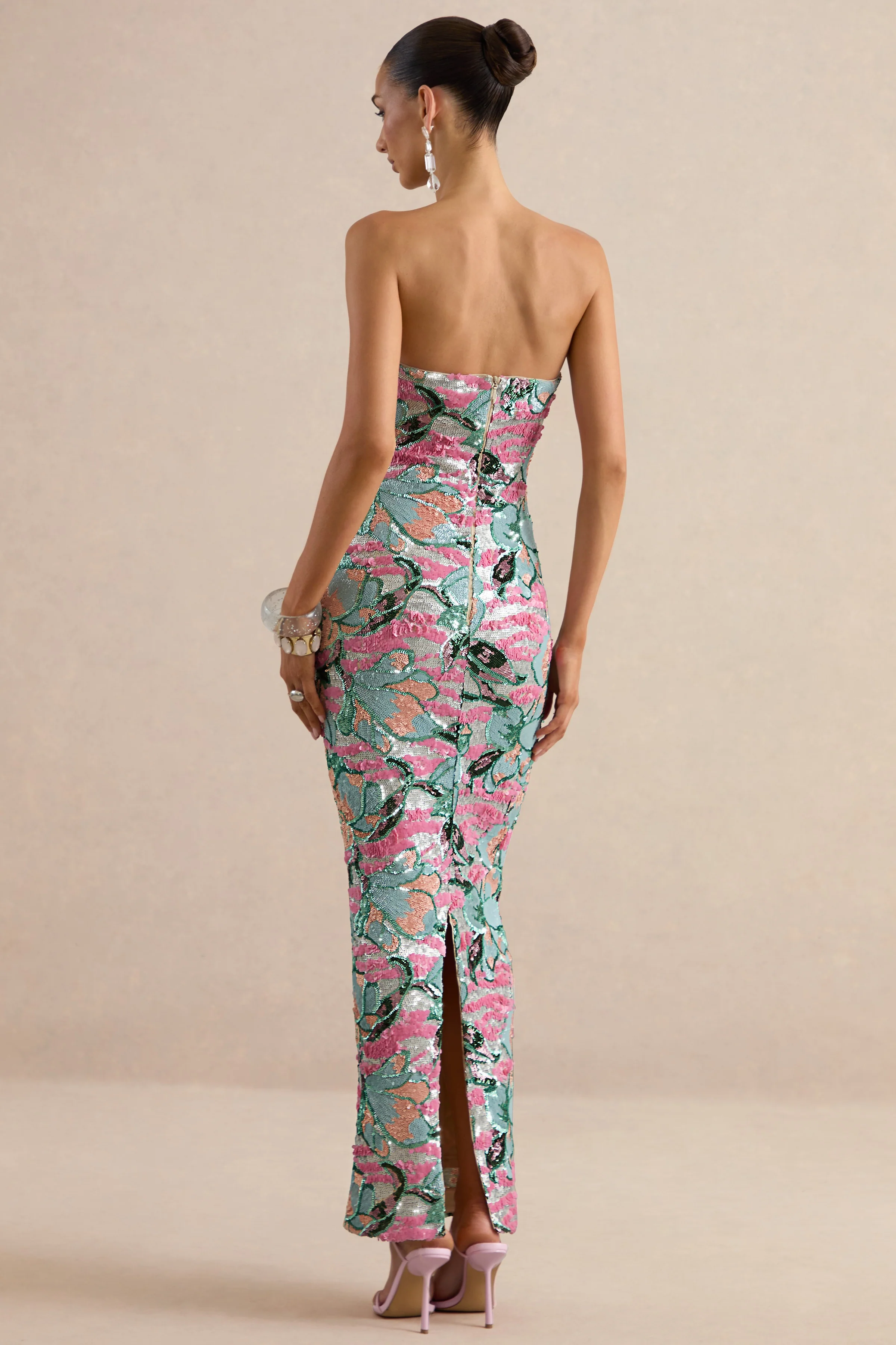 Xandra | Light Blue Floral Print Sequin Bandeau-Neck Maxi Dress