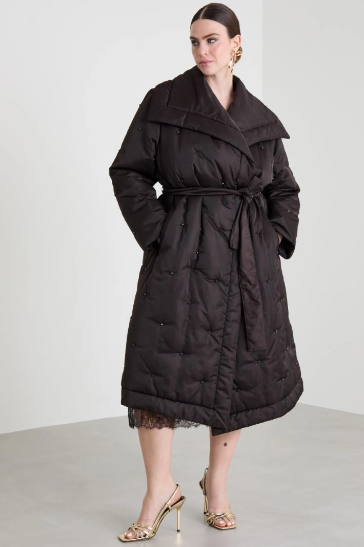 Long padded coat with rhinestones - BROWN