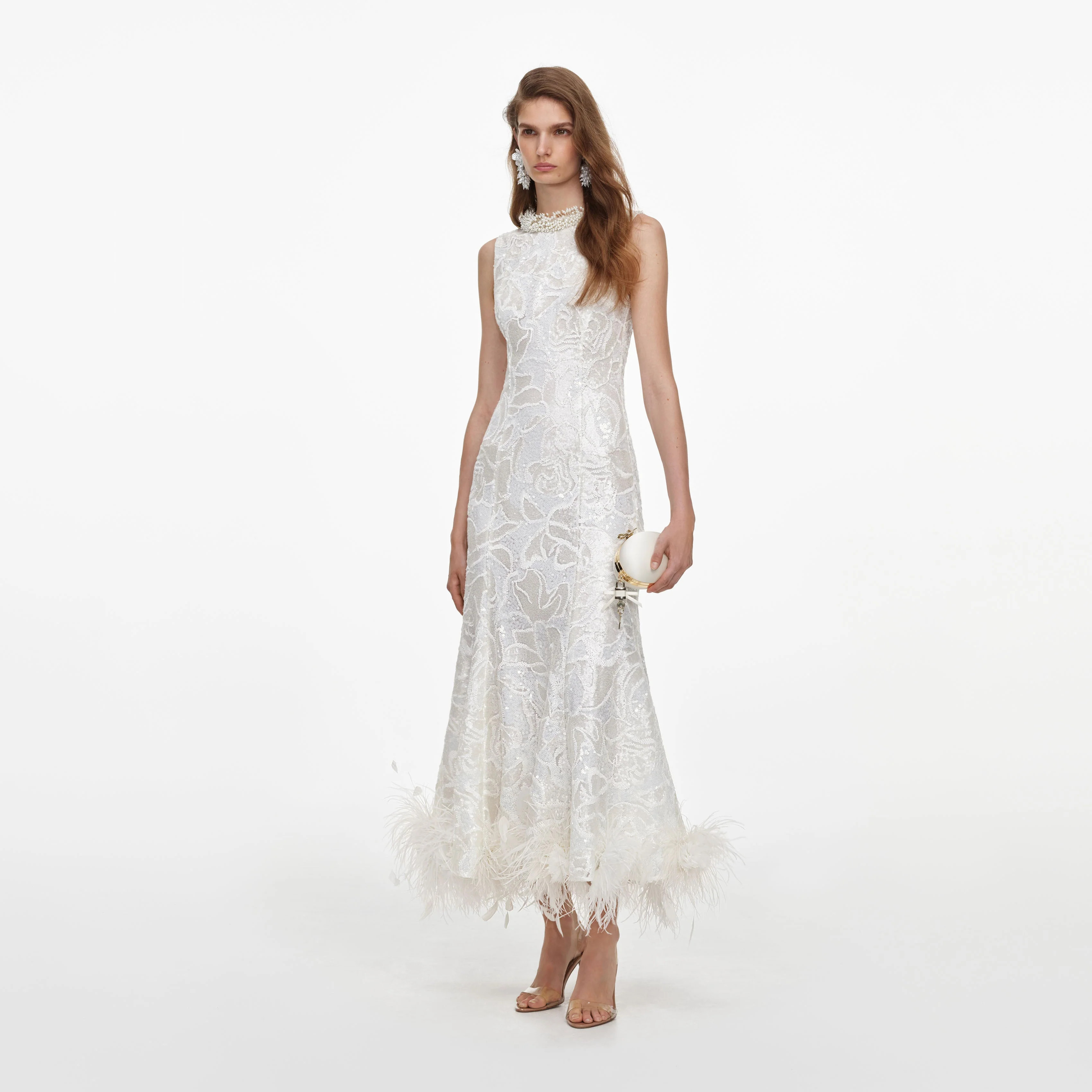 White Sequin Lace Feather Midi Dress