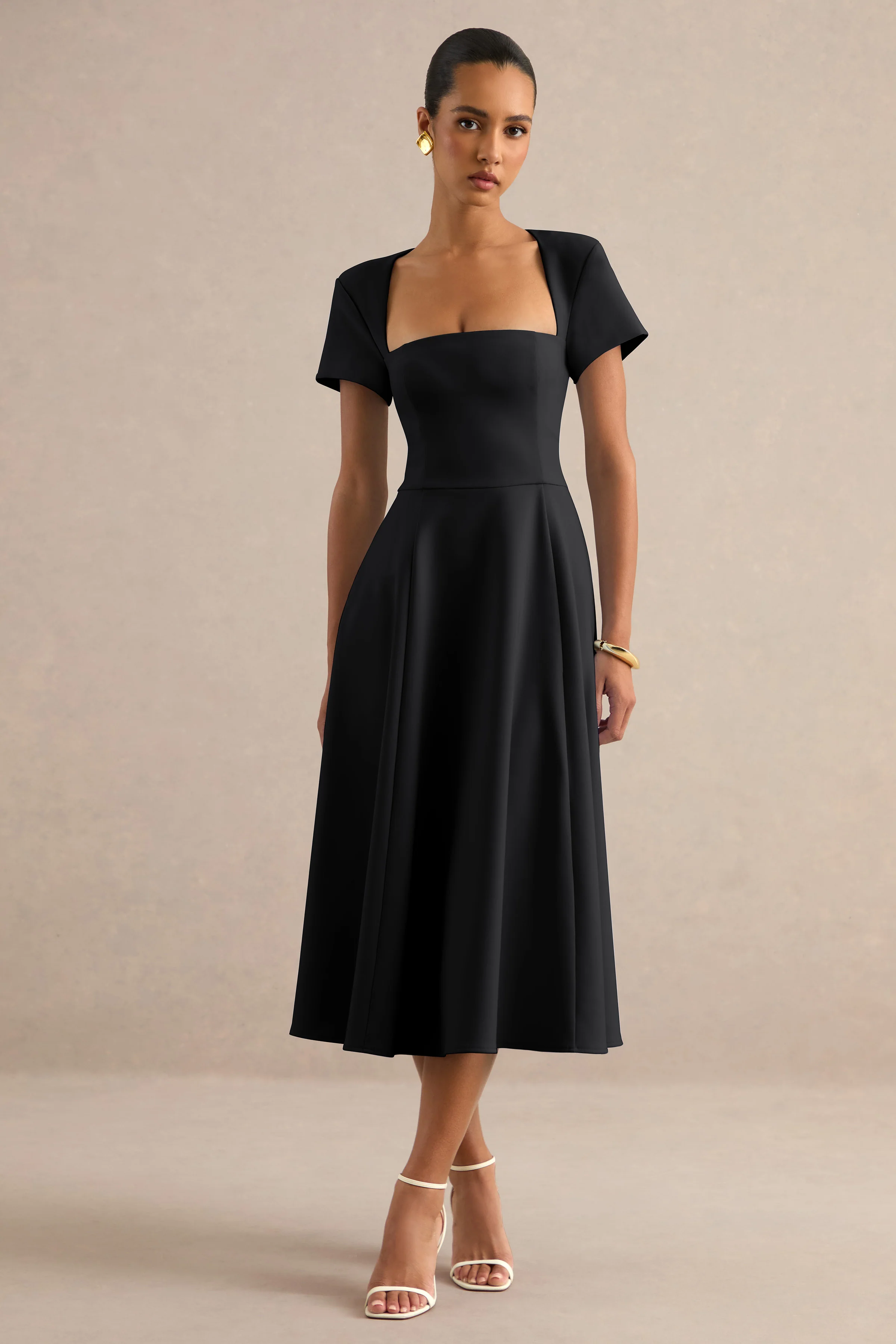 Donia | Black Square Neck Short Sleeve A-Line Midi Dress