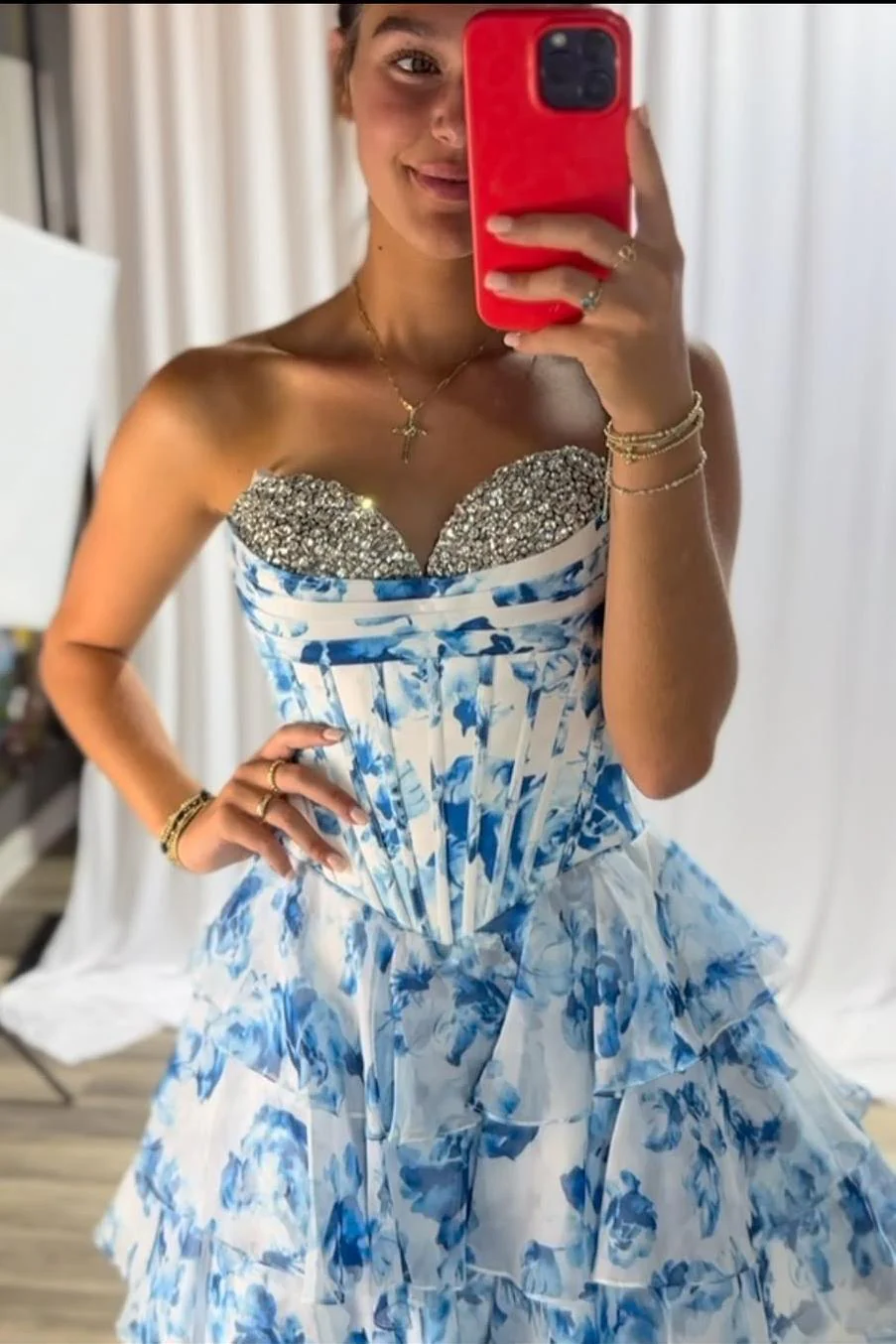 Beaded Neck Pink Floral Print Tiered Short Dress