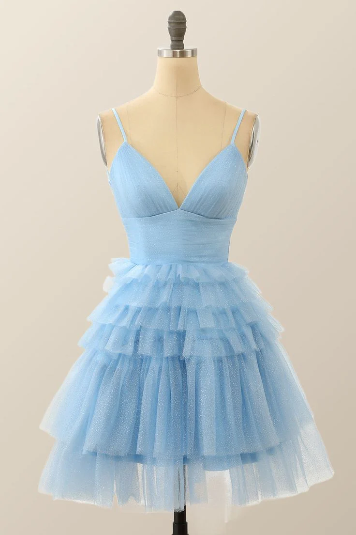 Light Blue Tulle Tiered Short A-line Dress