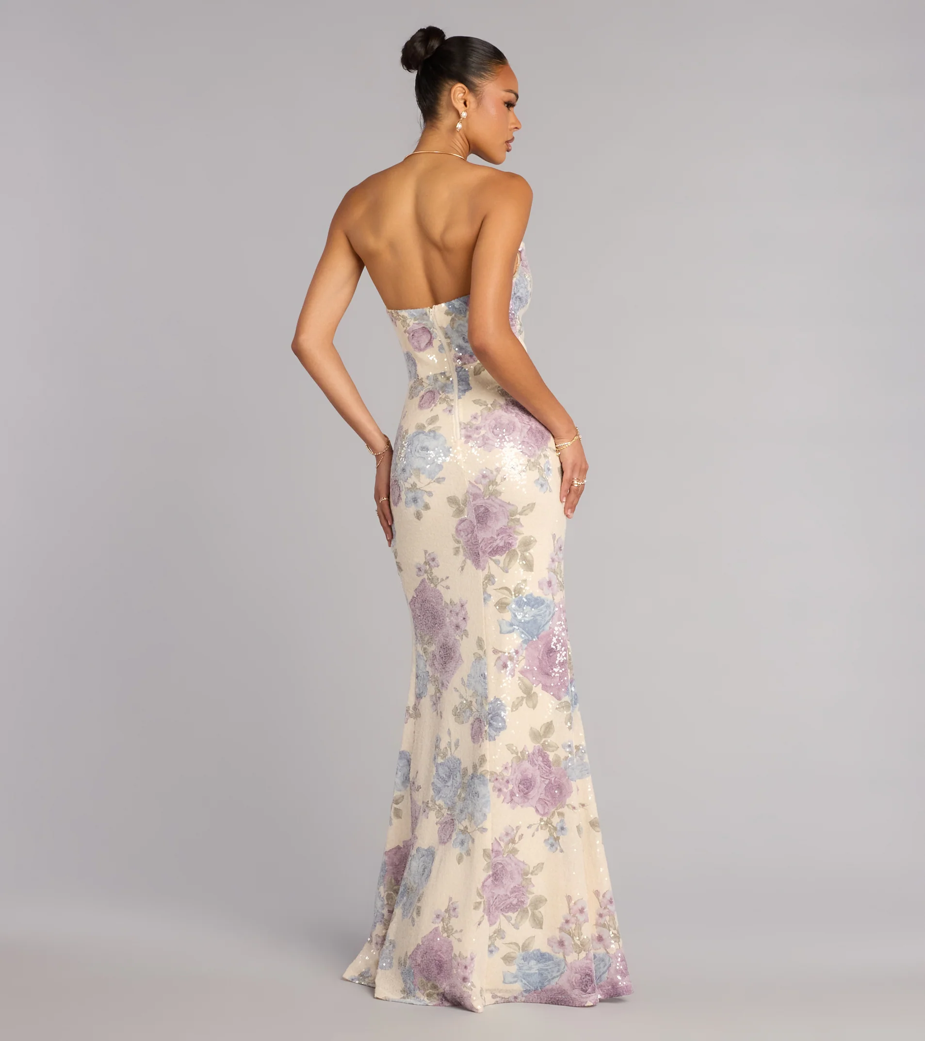 Tina Sequin Floral Slit Formal Dress