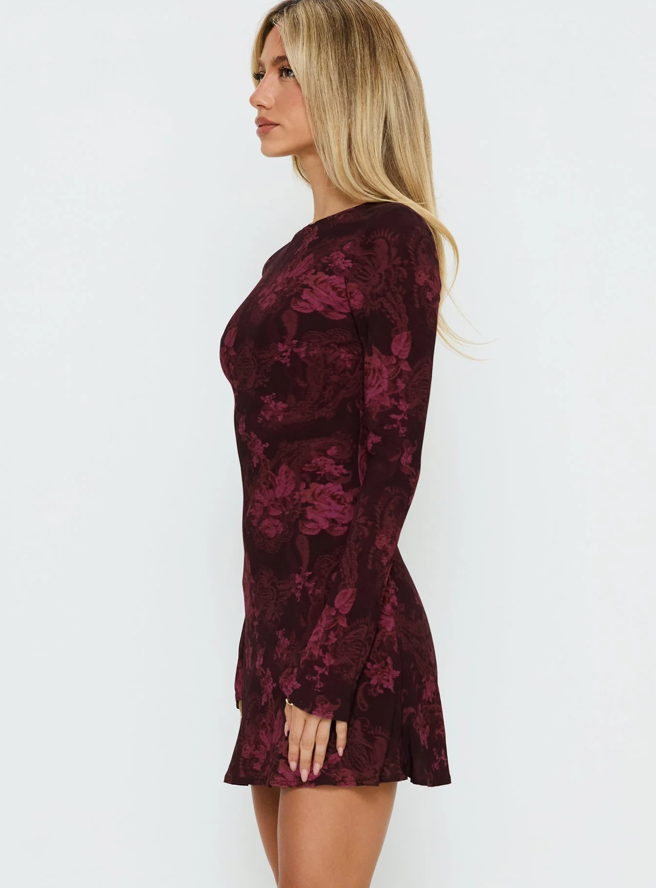 Vivre Long Sleeve Mini Dress Burgundy Paisley