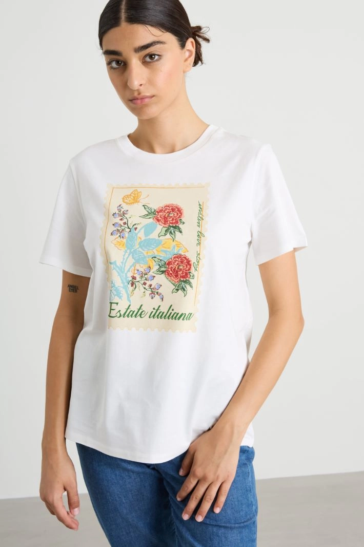 Cotton T-shirt with print - WHITE CREAM