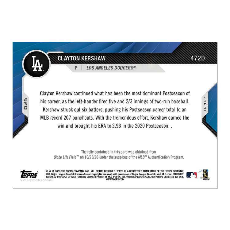 Game-used Base Relic # to 10 - Clayton Kershaw - MLB TOPPS NOW® Card 472D
