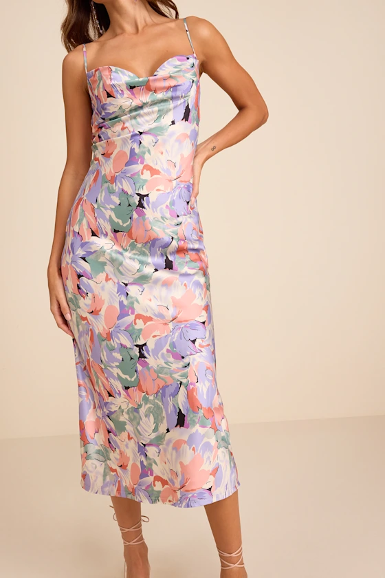 Lavender Multi Dress - Floral Satin Dress - Cowl Neck Midi Dress