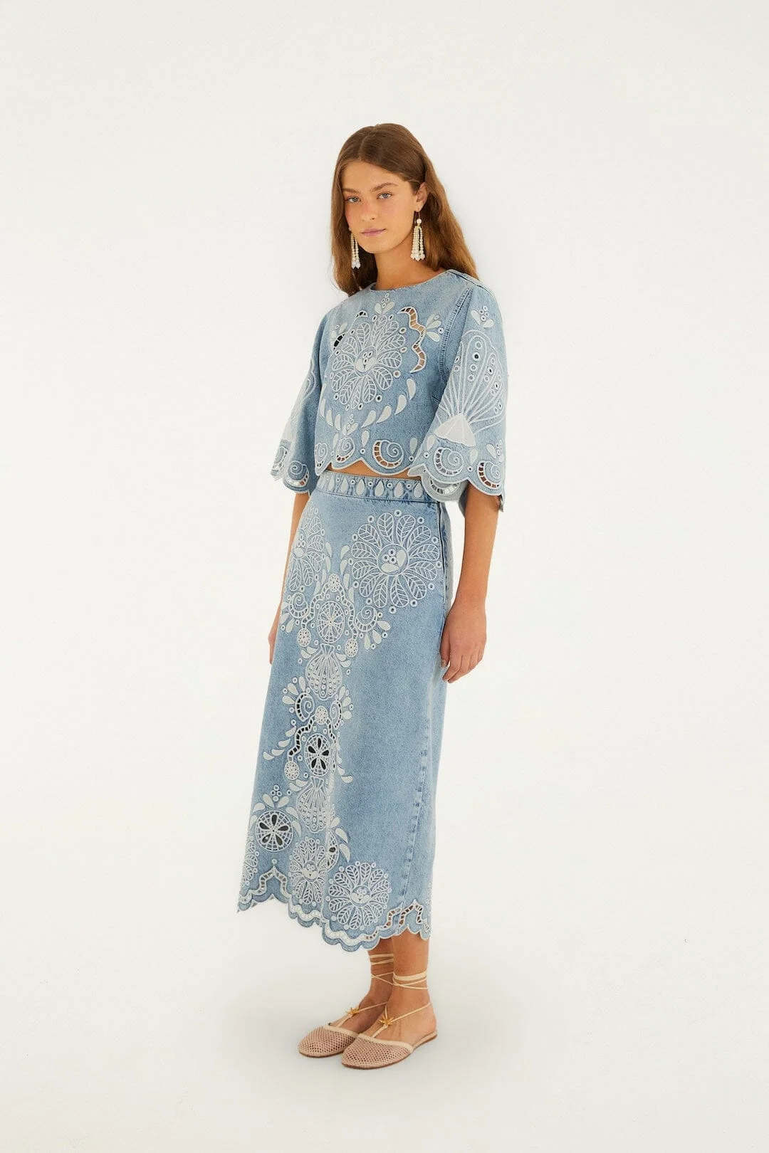 Denim Richelieu Wavy Hem Midi Skirt
