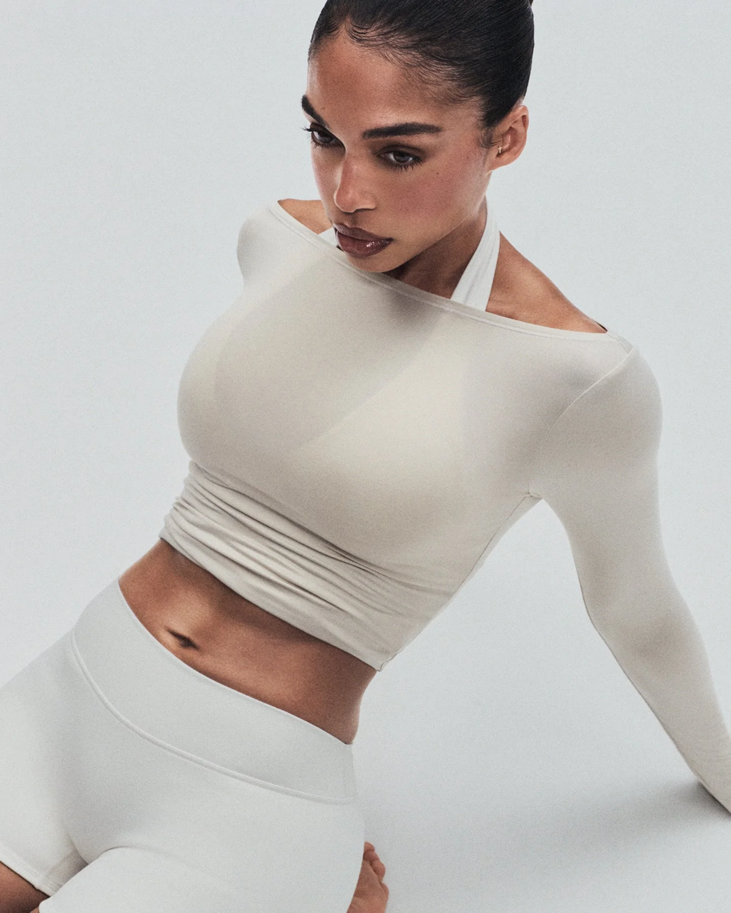 FormeSoft™ Fitted Off-The-Shoulder Long Sleeve Top | Oatmeal