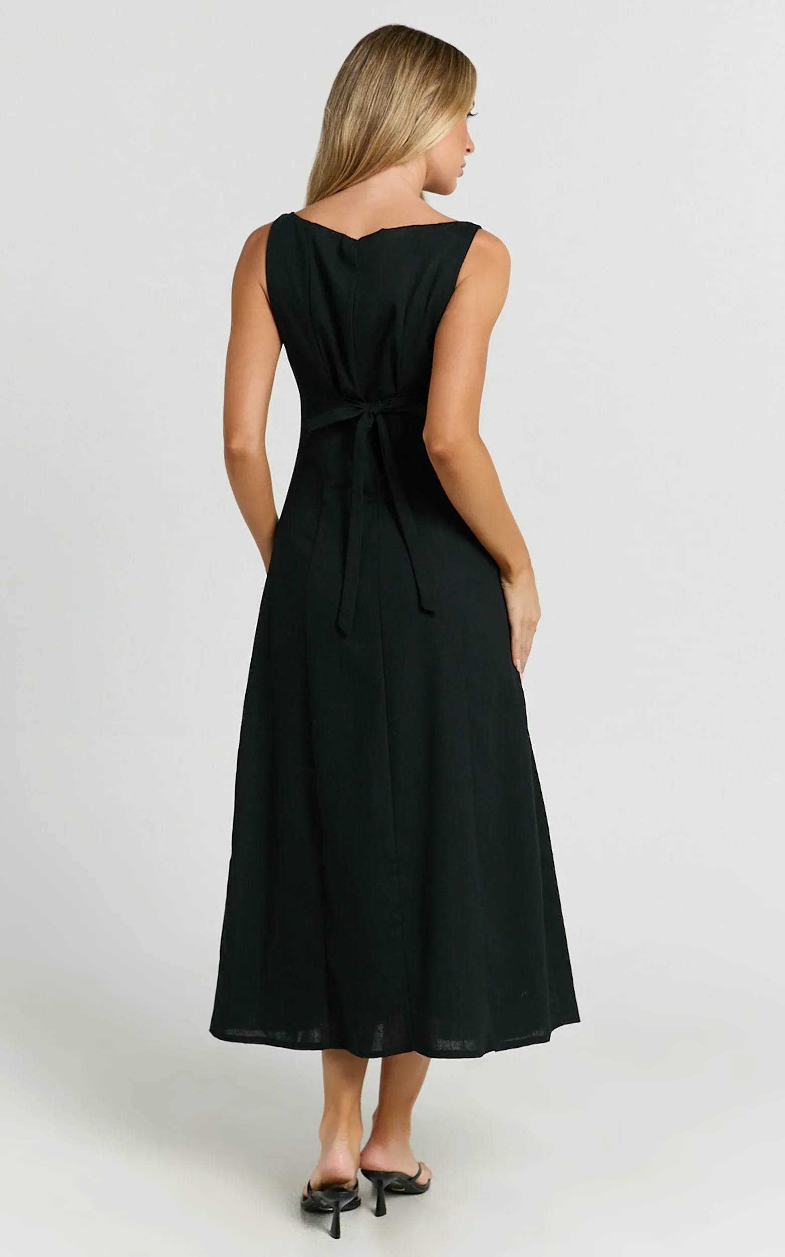 Cameron Midi Dress - Button Front Tie Back Dress in Black