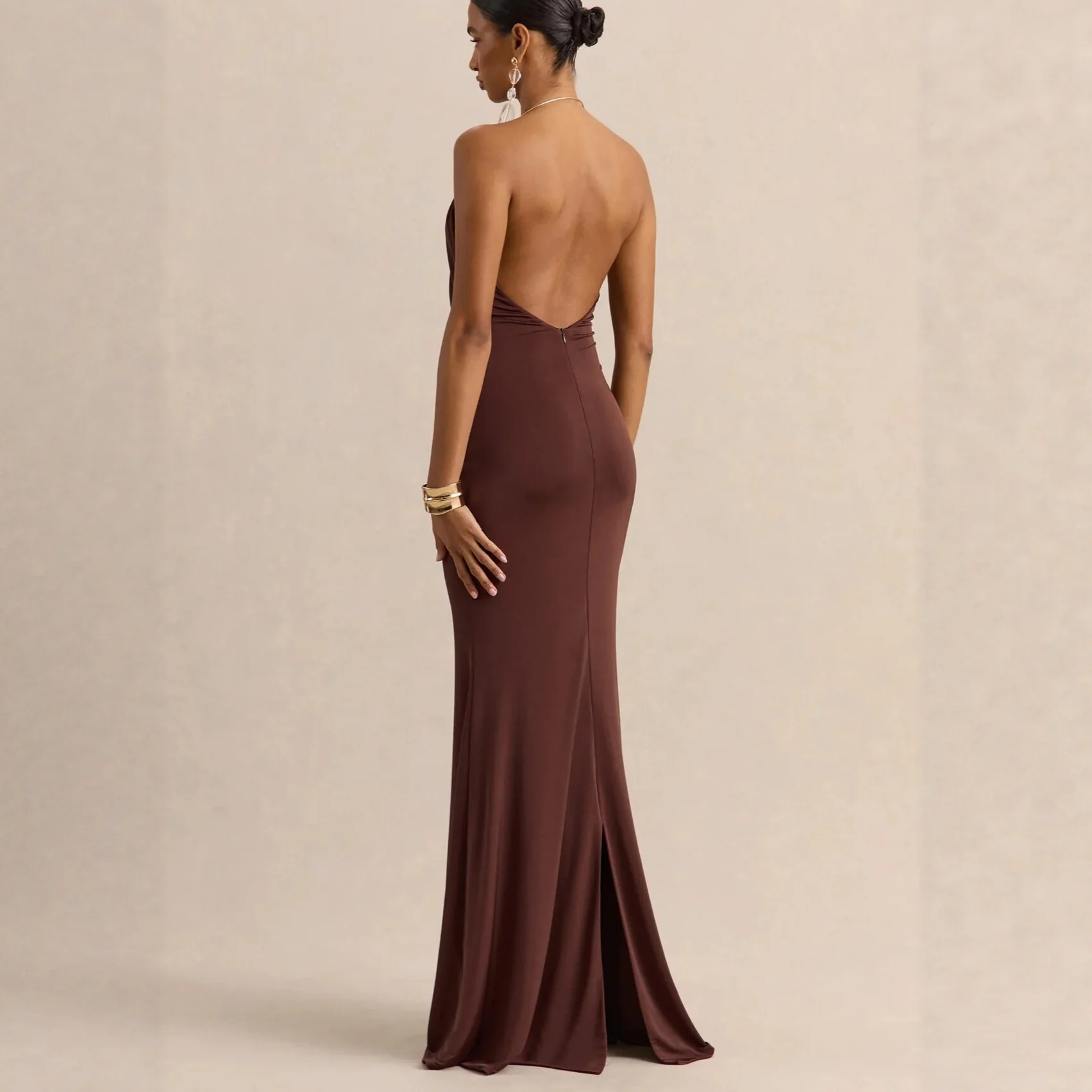 Ruffle Cowl Neck Bodycon Maxi Dress