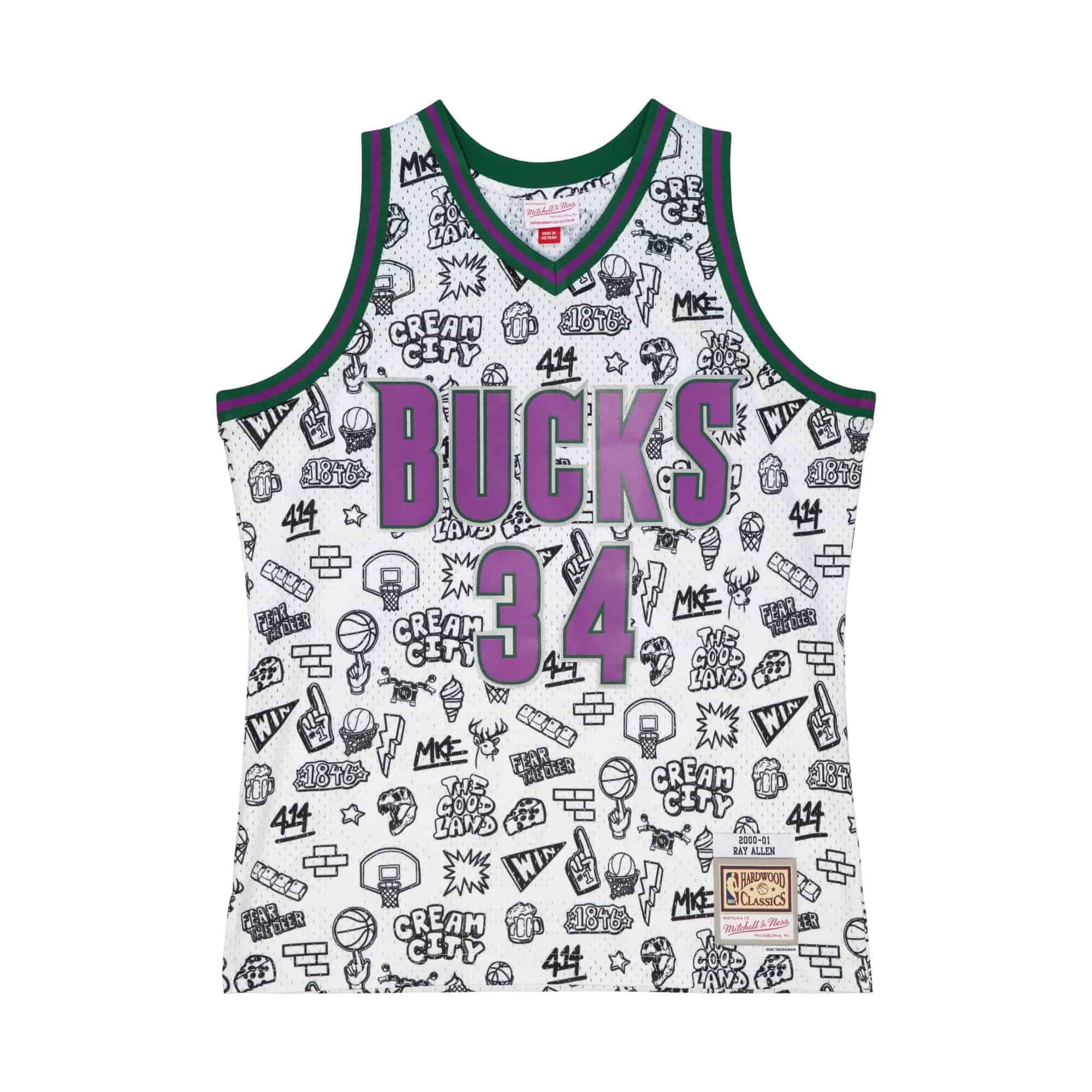 Ray Allen #34 Milwaukee Bucks Doodle Mitchell & Ness Swingman NBA Jersey