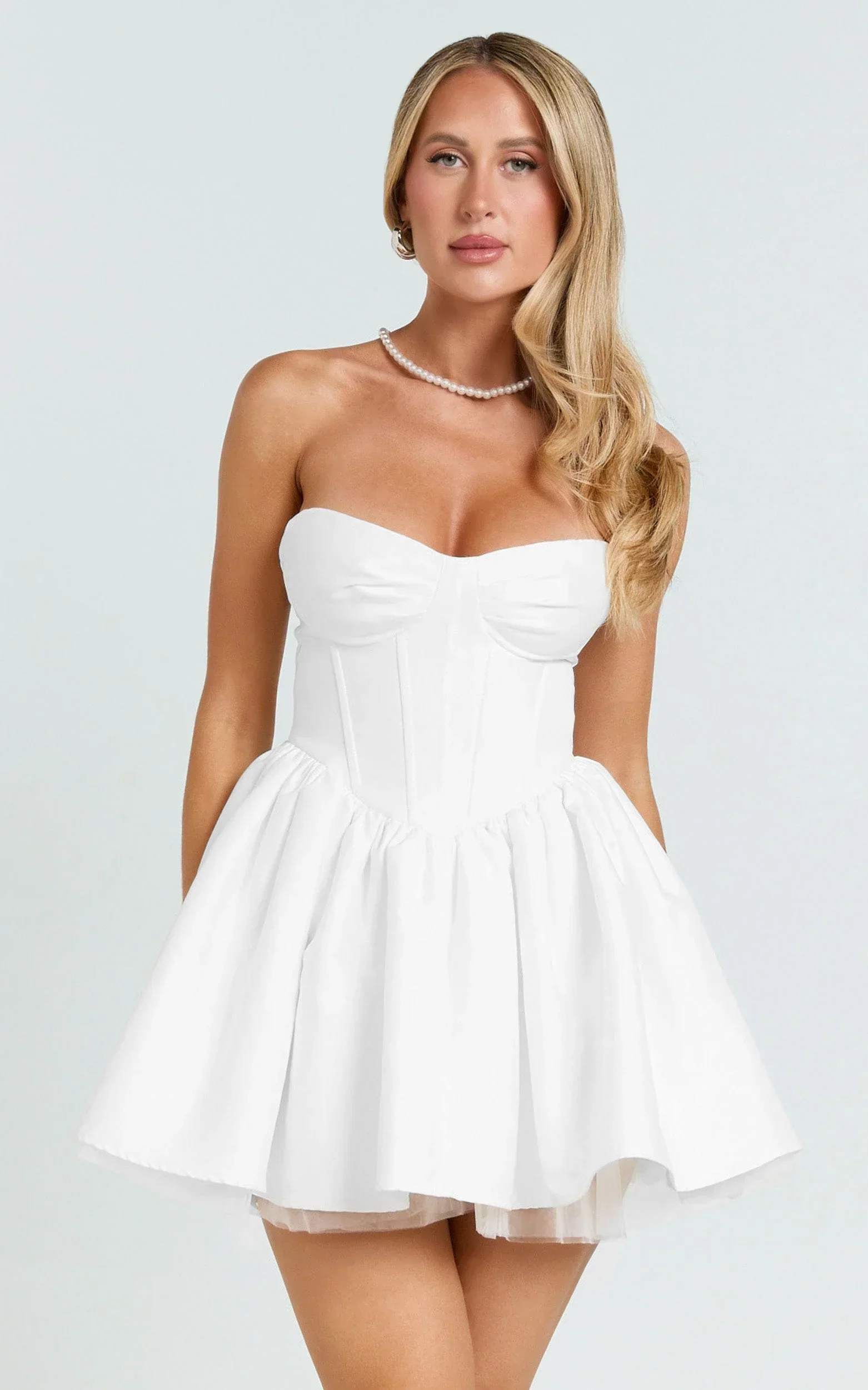 Charlize Mini Dress - Satin Sweetheart V Waist Fit And Flare Dress in White