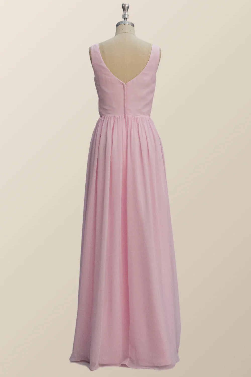 Princess Pink Pleated V Neck Long Bridesmaid Dress
