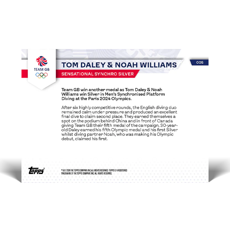 Tom Daley & Noah Williams - Sensational Synchro Silver - 2024 Team GB TOPPS NOW® Card 5