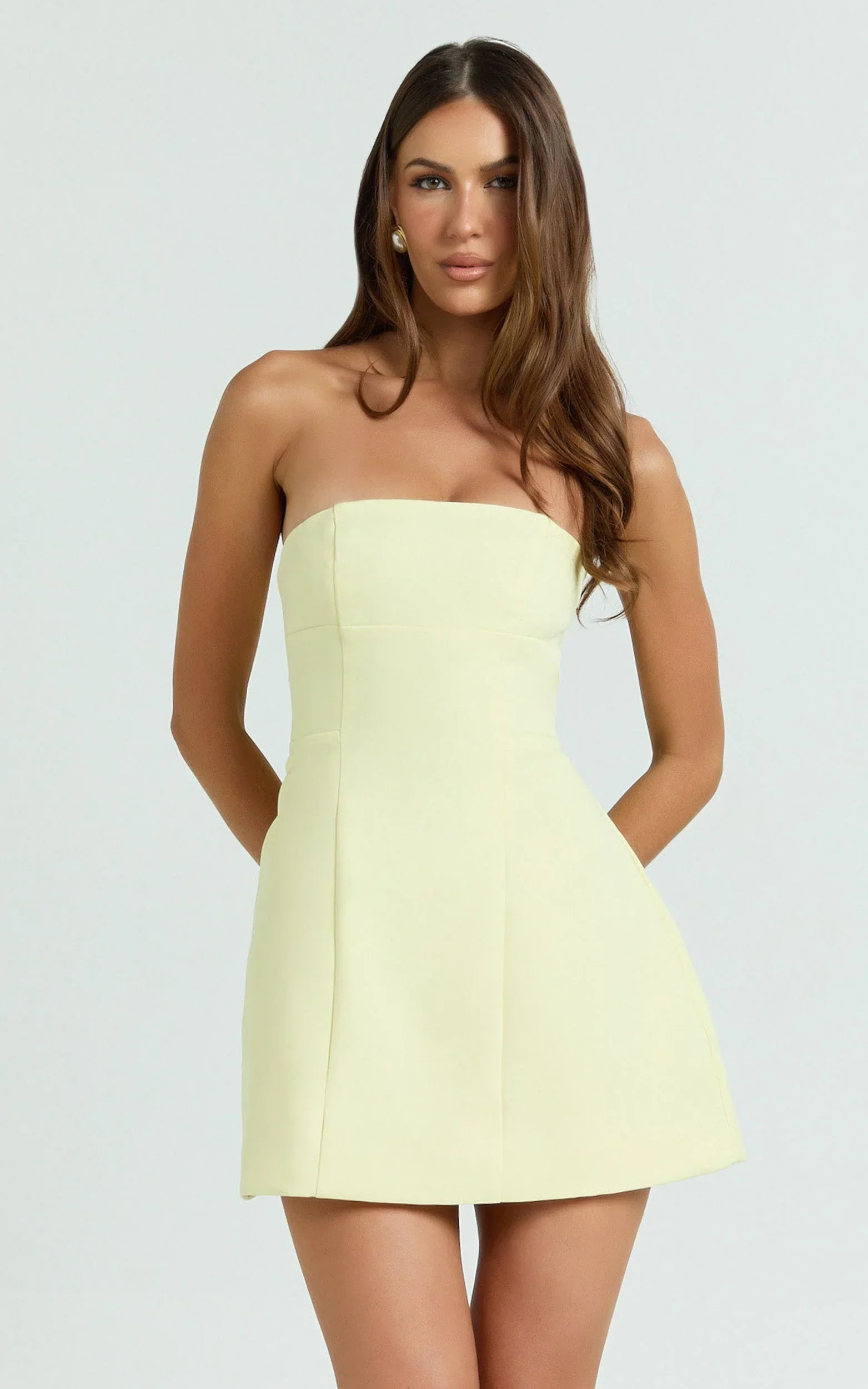 Catharine Mini Dress - Strapless A Line Dress in Lemon