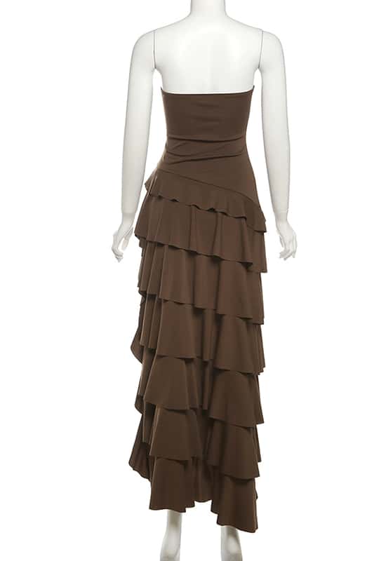 Brown Strapless Asymmetric Ruffle Long Dress