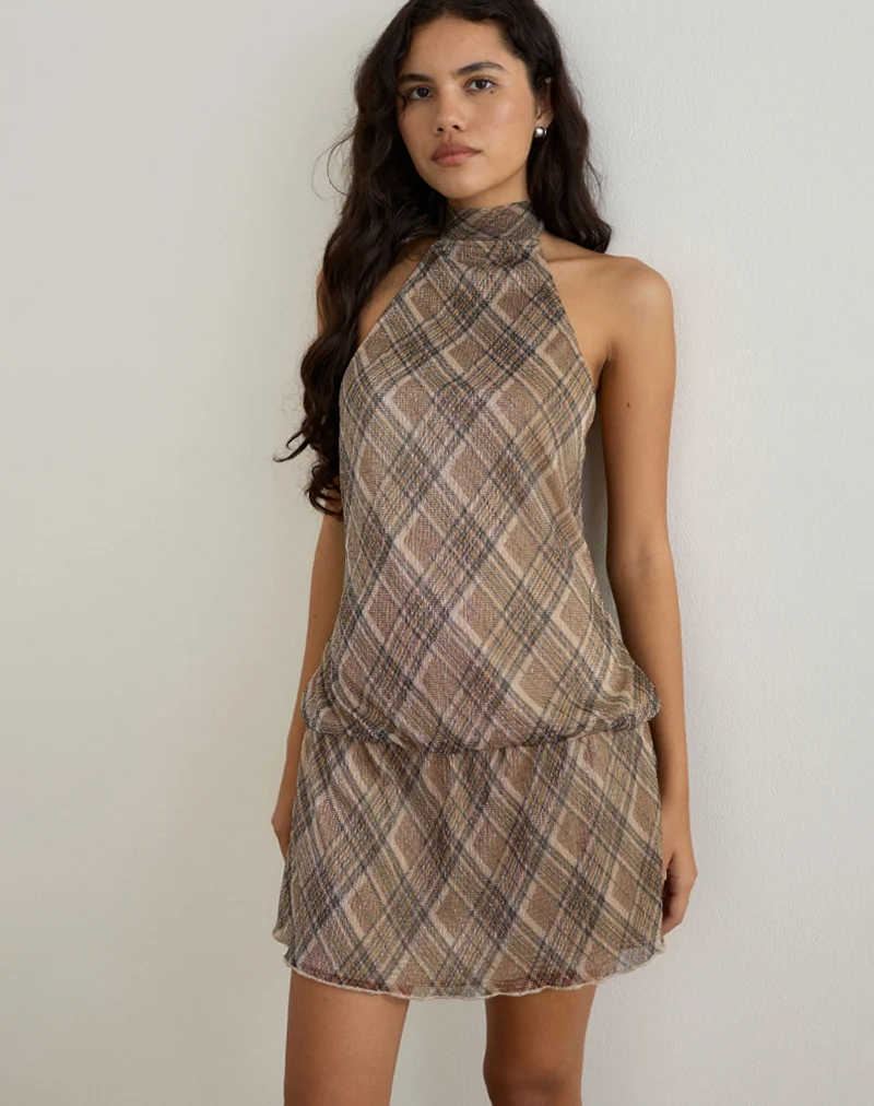 Briani Halterneck Dress in Check Plisse Brown