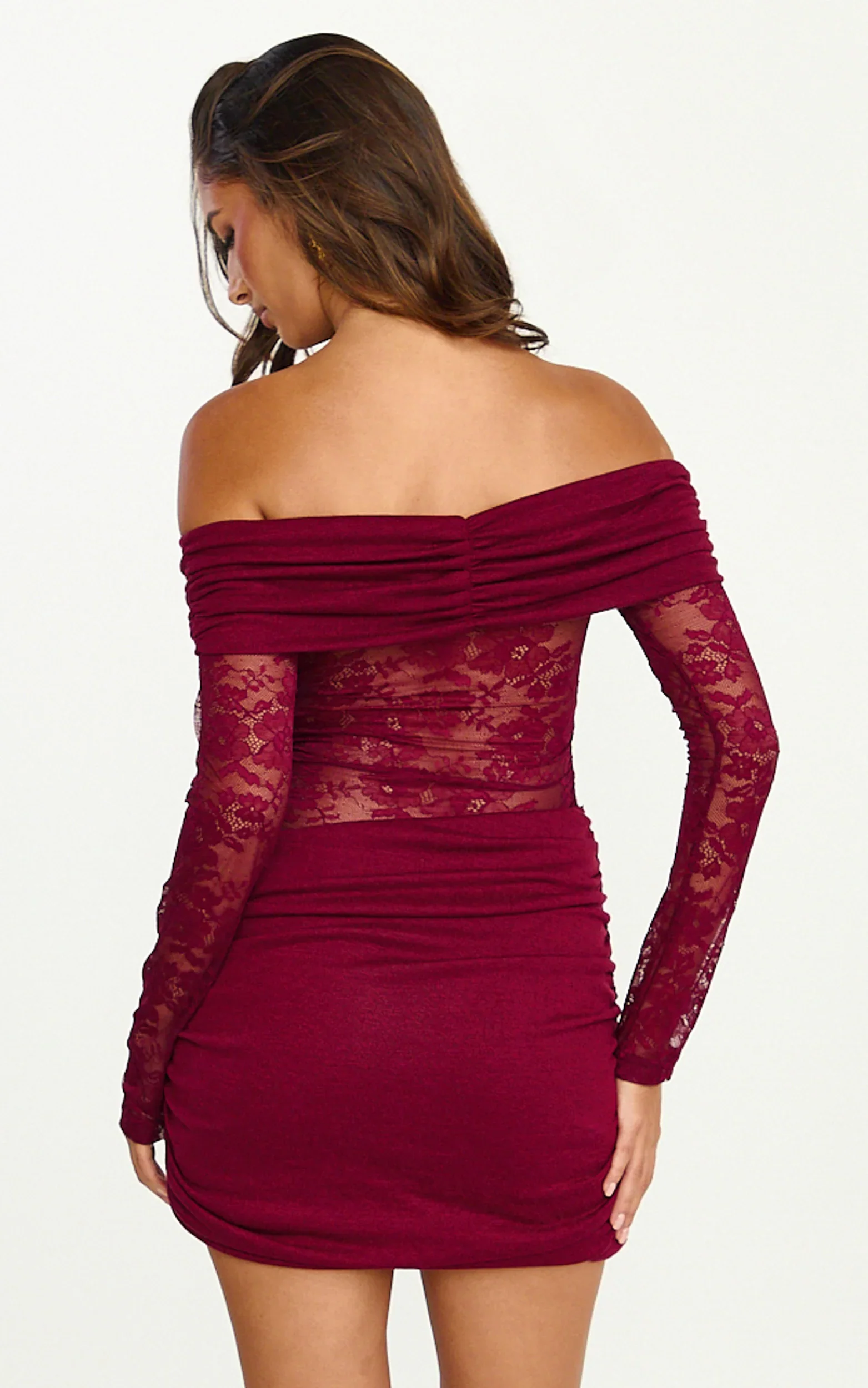 Juliet Mini Dress - Off Shoulder Lace Contrast Bodycon Dress in Wine