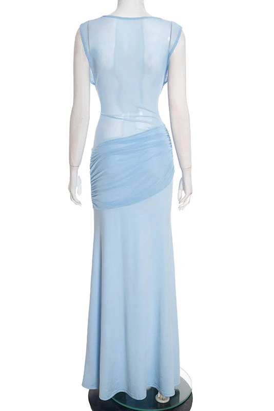 Sexy Light Blue Cowl Neck Draped Long Dress