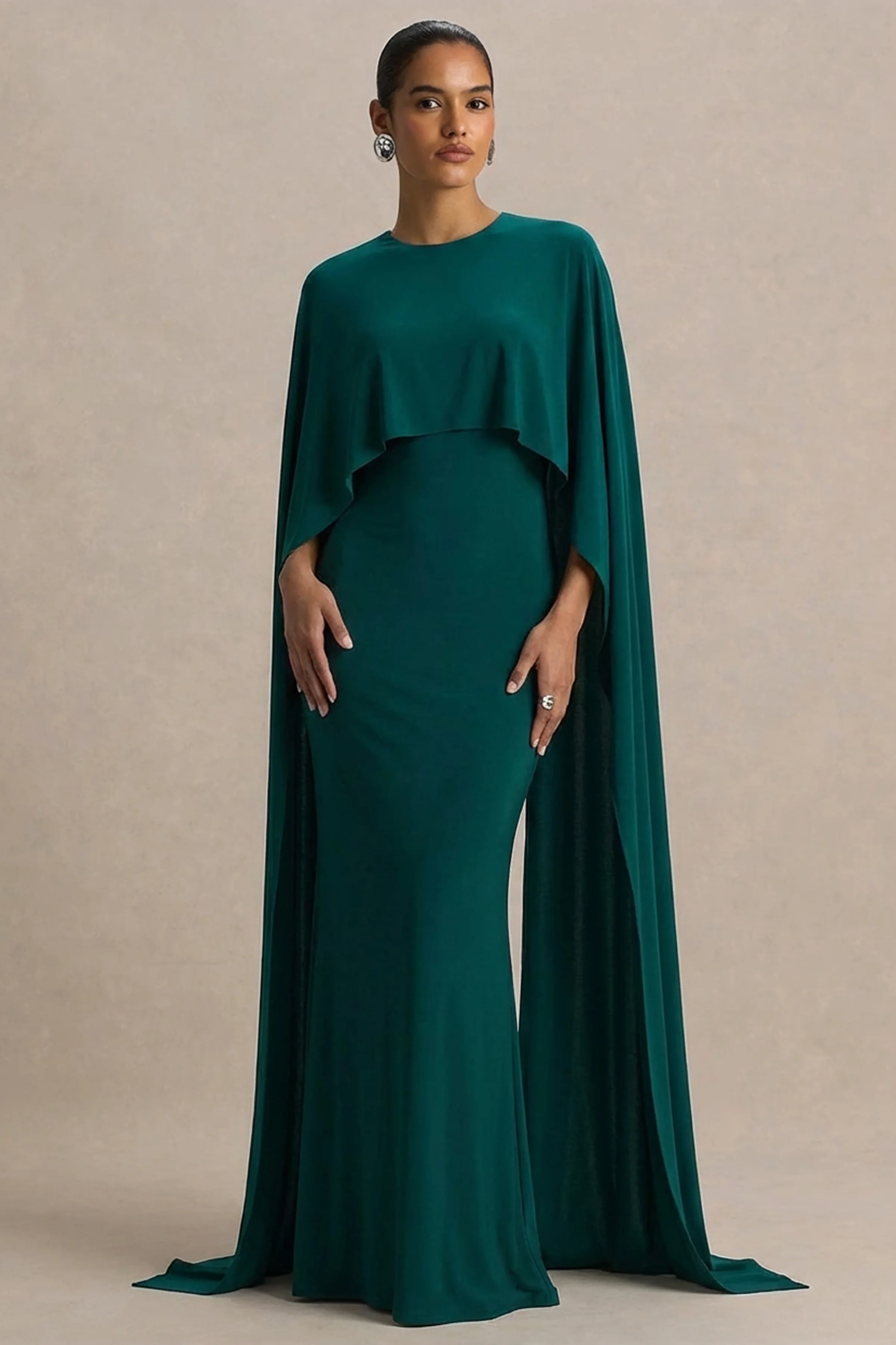 Padma | Bottle Green Draped Maxi Dress With Cape Sleeves