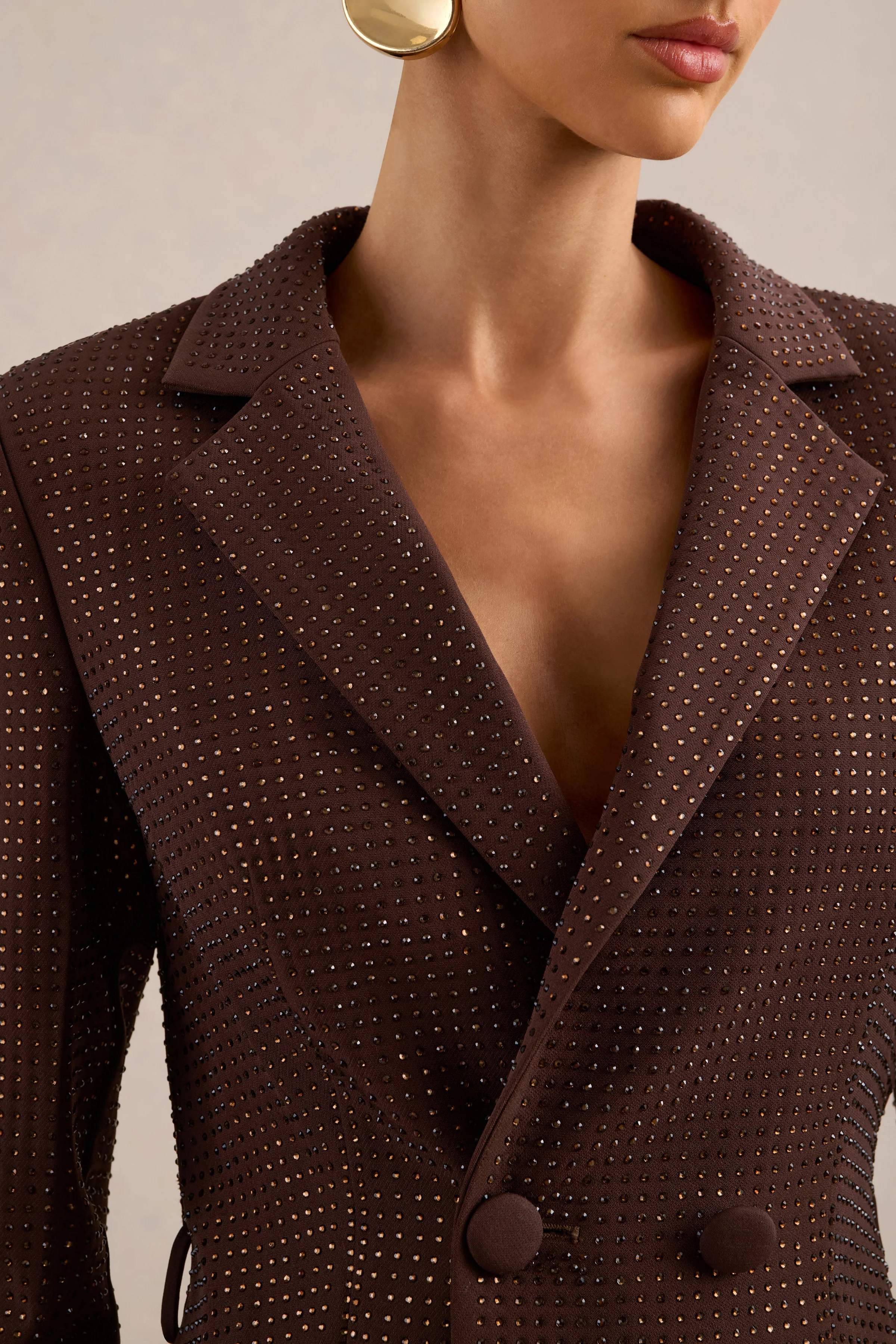 Aramelle | Brown Embellished Plunge Long Sleeve Blazer Mini Dress With Tie Back Detail