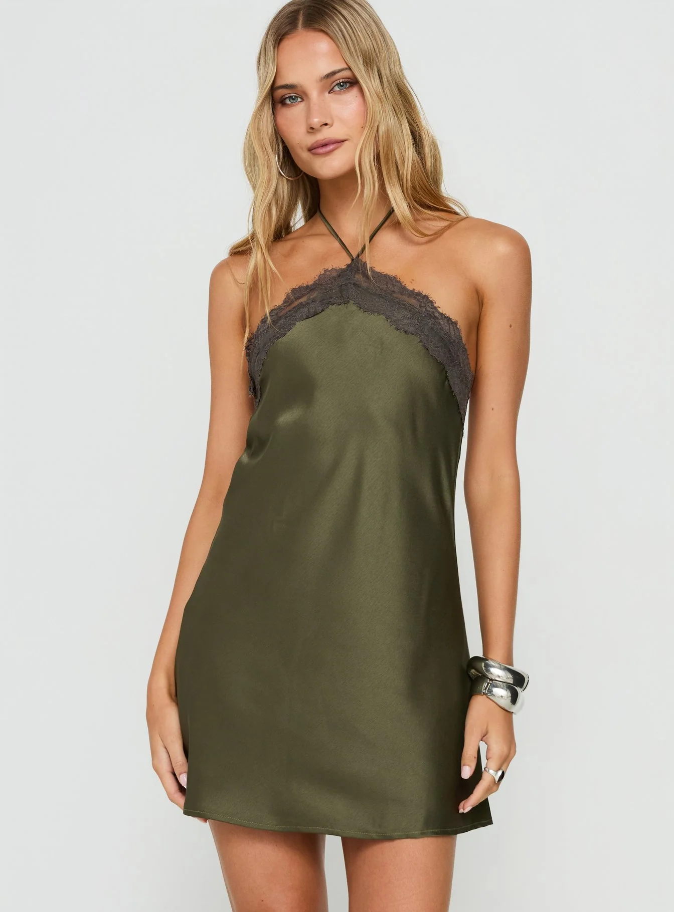 Zinniah Arrowneck Satin Mini Dress Khaki