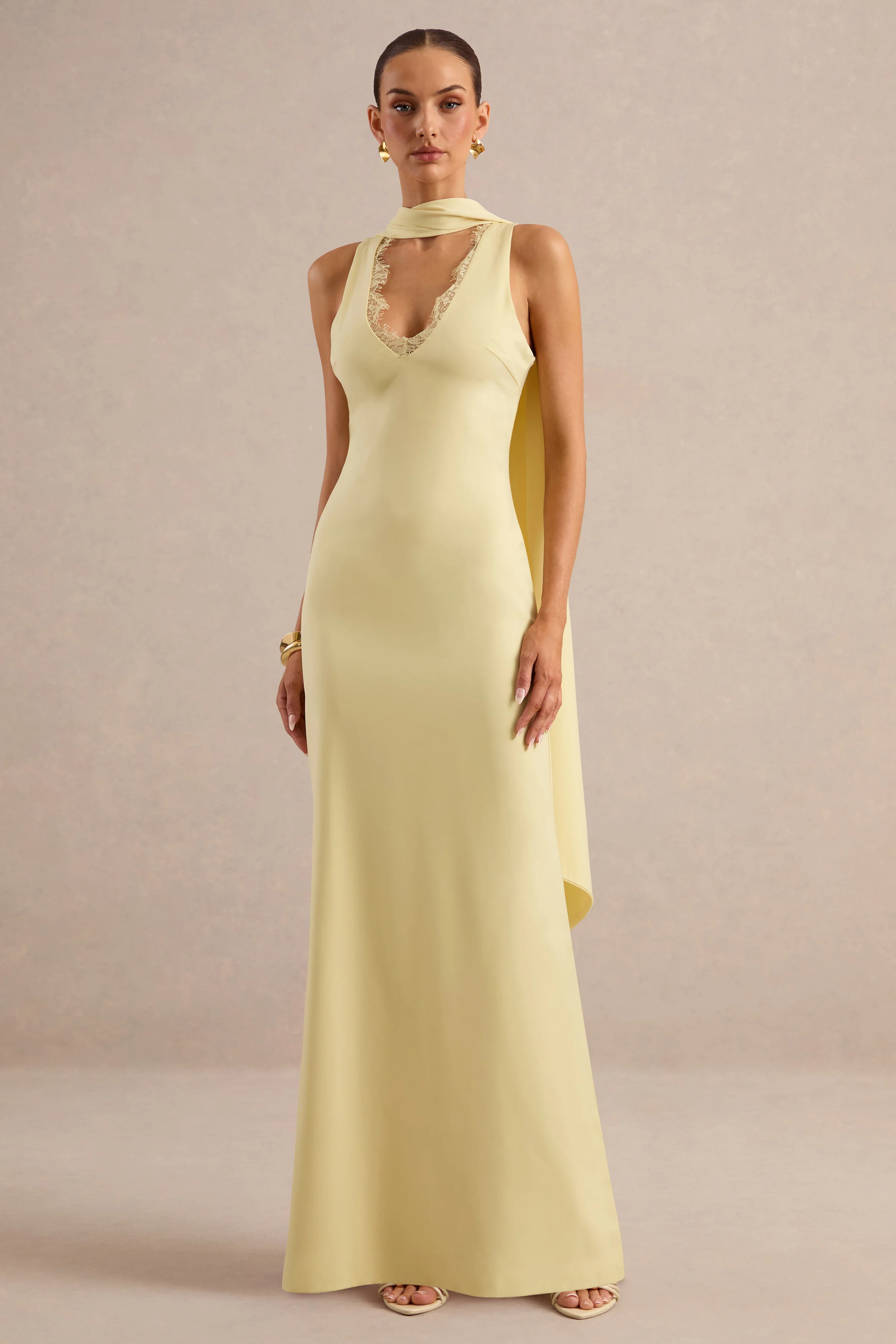 True Icon | Lemon Satin High-Neck Maxi Slip Dress With Sash