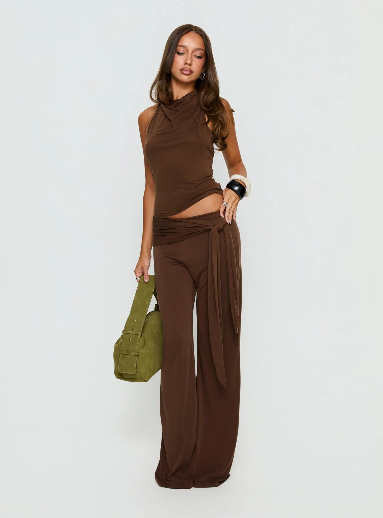 Katiana High Neck Cowl Top Brown