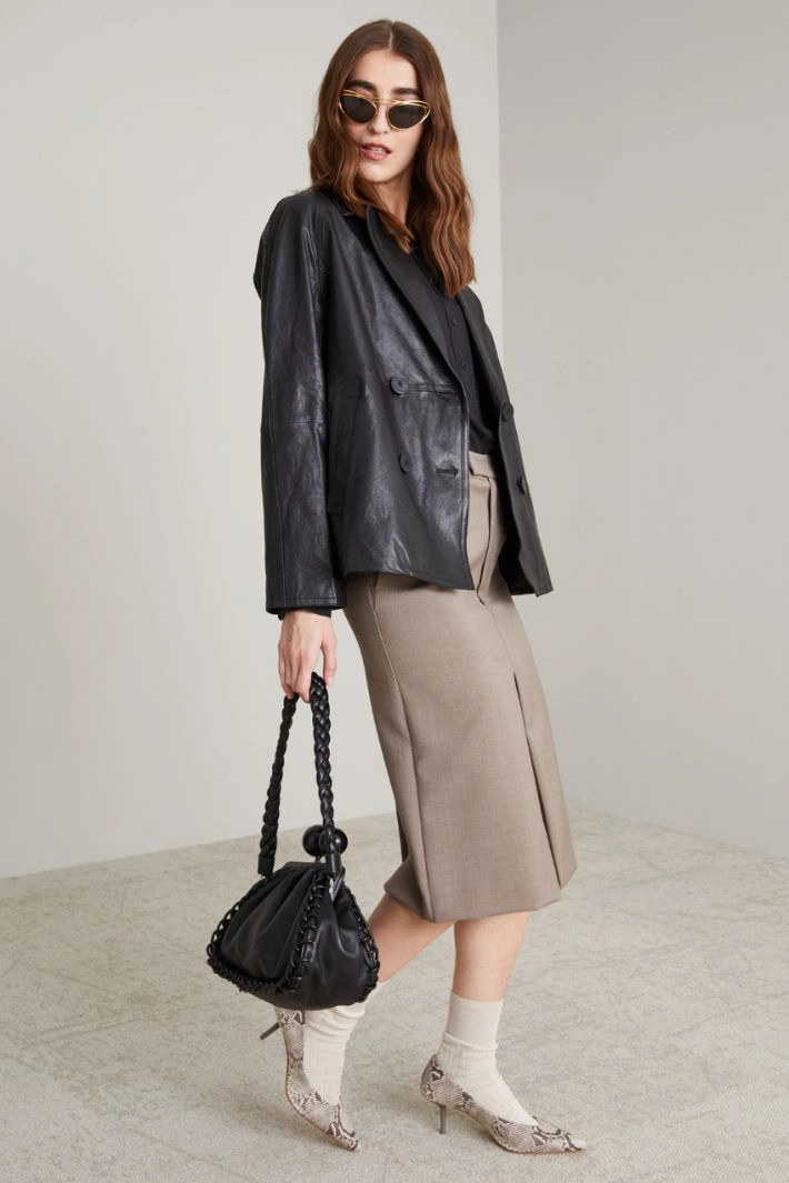 Double-breasted nappa pea coat - BLACK