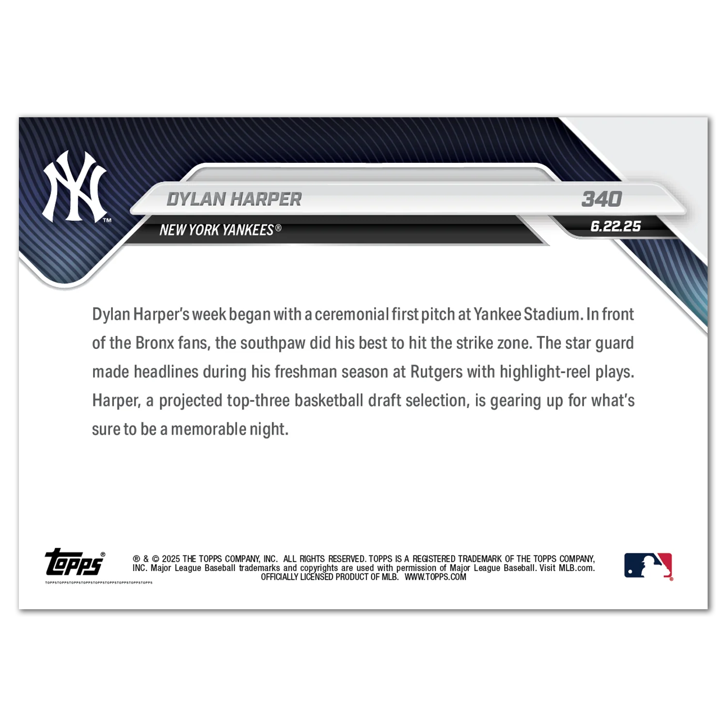Dylan Harper - 2025 MLB Topps NOW® - Card 340