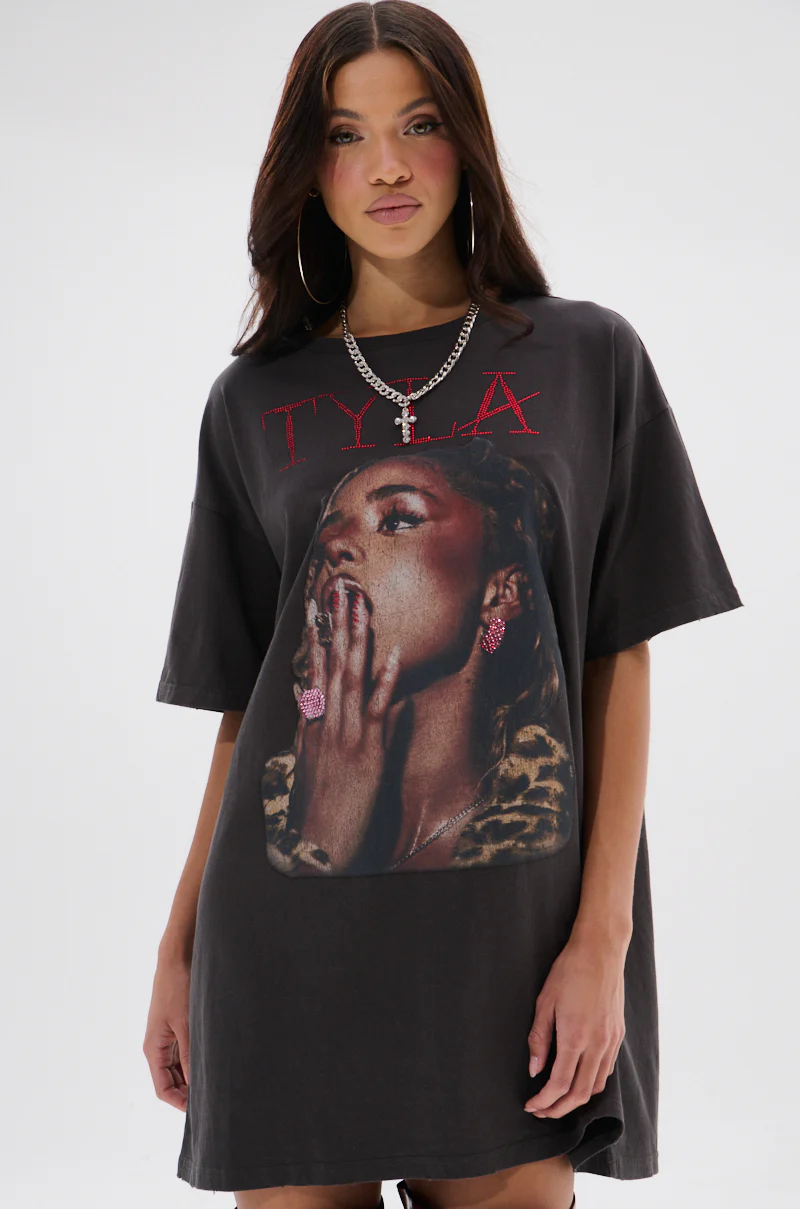 Tyla Graphic T-Shirt Dress With Distressing