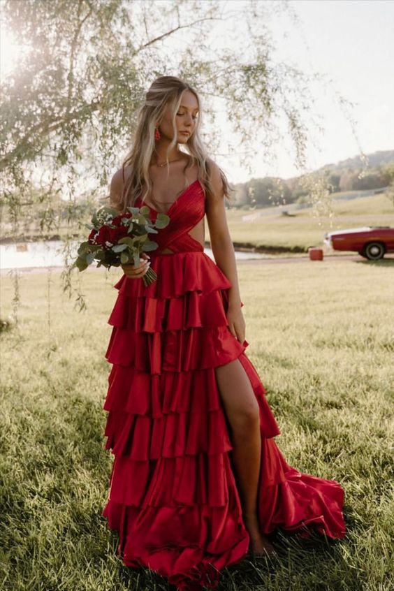 Straps Yellow Cutouts Ruffle Long Formal Dress