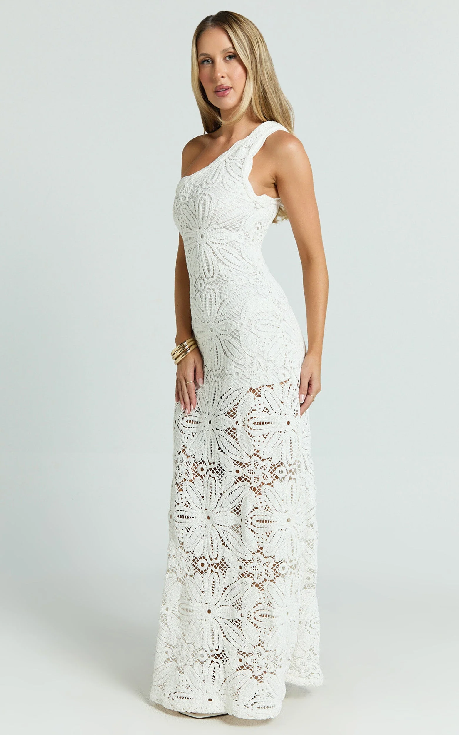 Charlene Maxi Dress - Crochet Knitted One Shoulder Maxi Dress in White