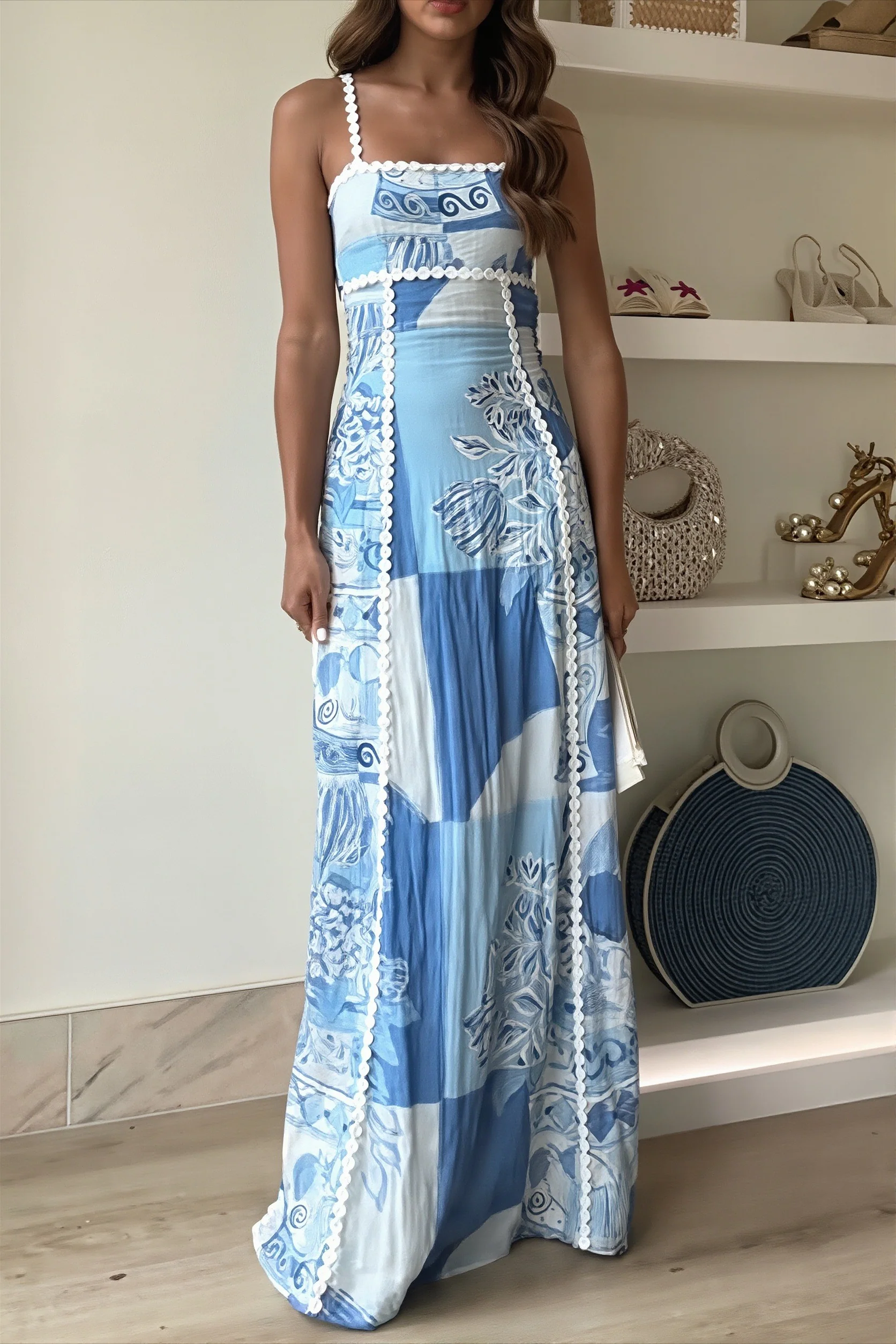 Casual Printed Spaghetti Strap Maxi Dress