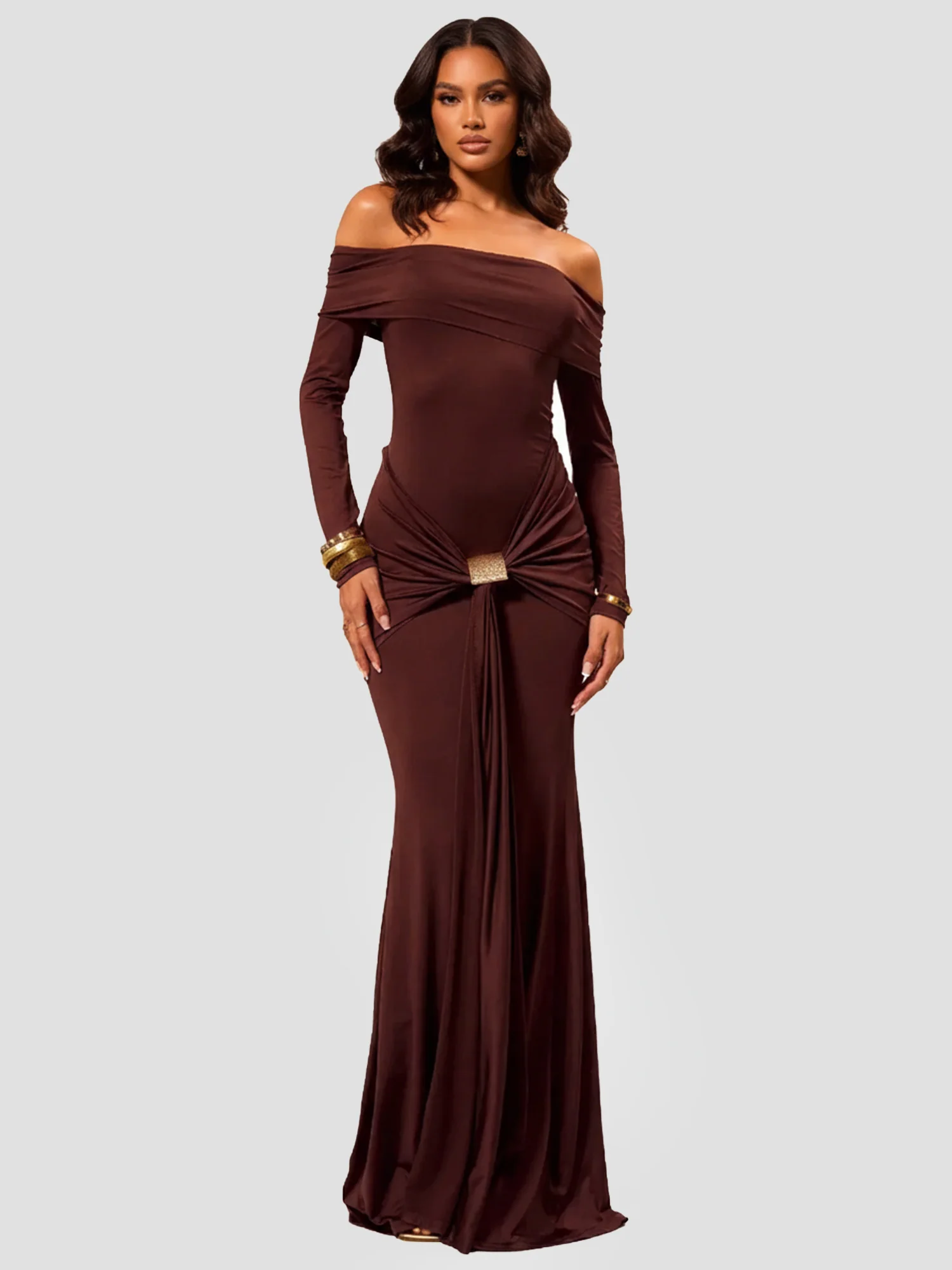 Brown Sleek Maxi Dress Evening Poise