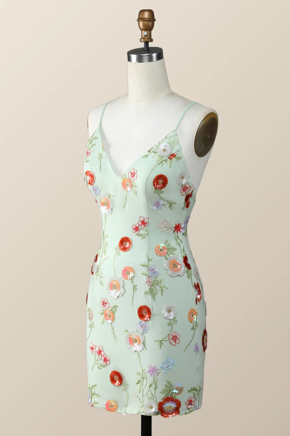 Sage Green Bodycon Mini Dress with Sequin Flowers