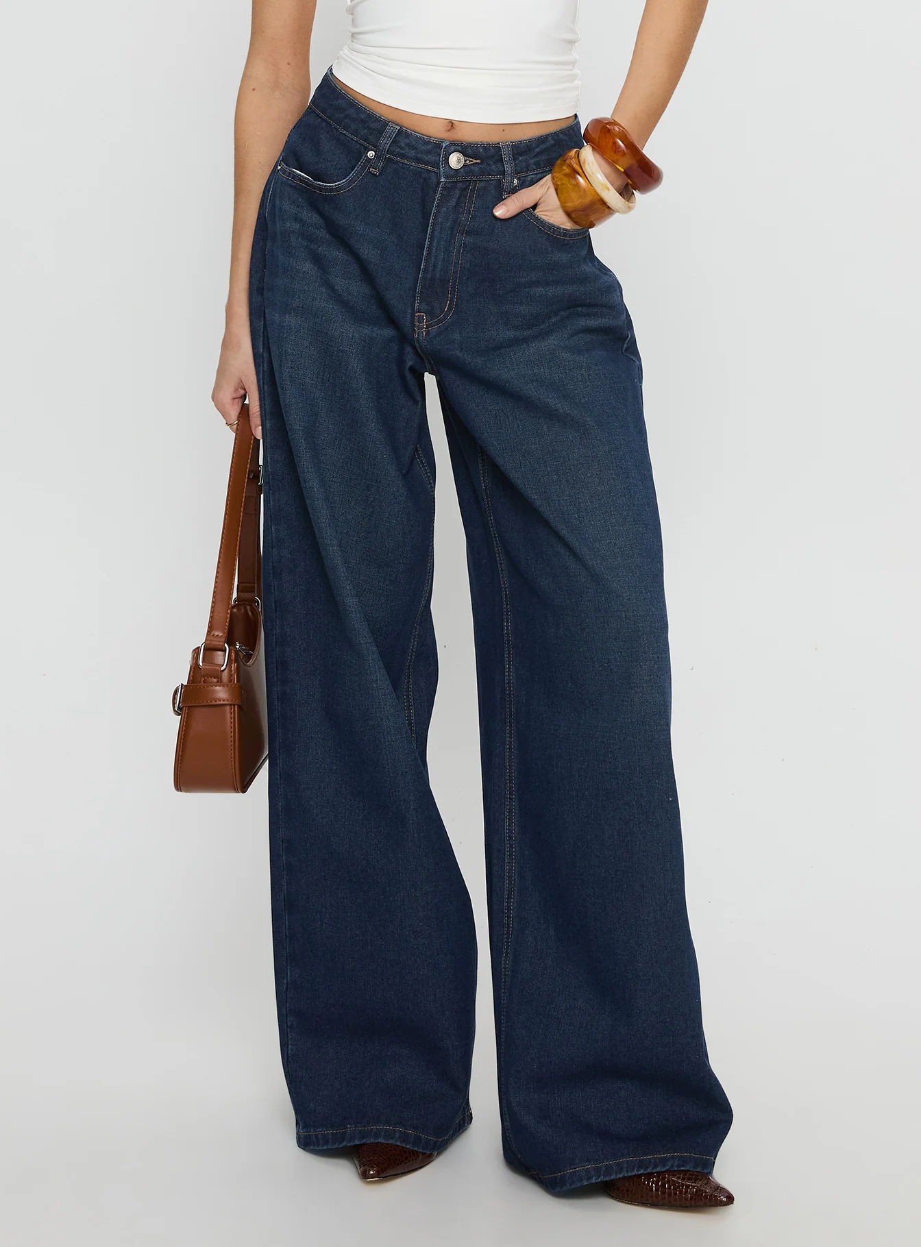 Naylor Mid Rise Wide Leg Jeans Mid Blue Denim