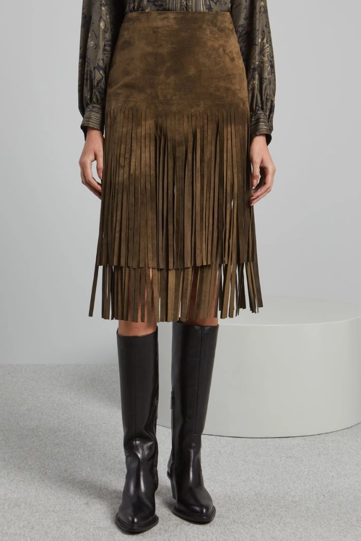 Suede skirt with fringe - KHAKI GREEN