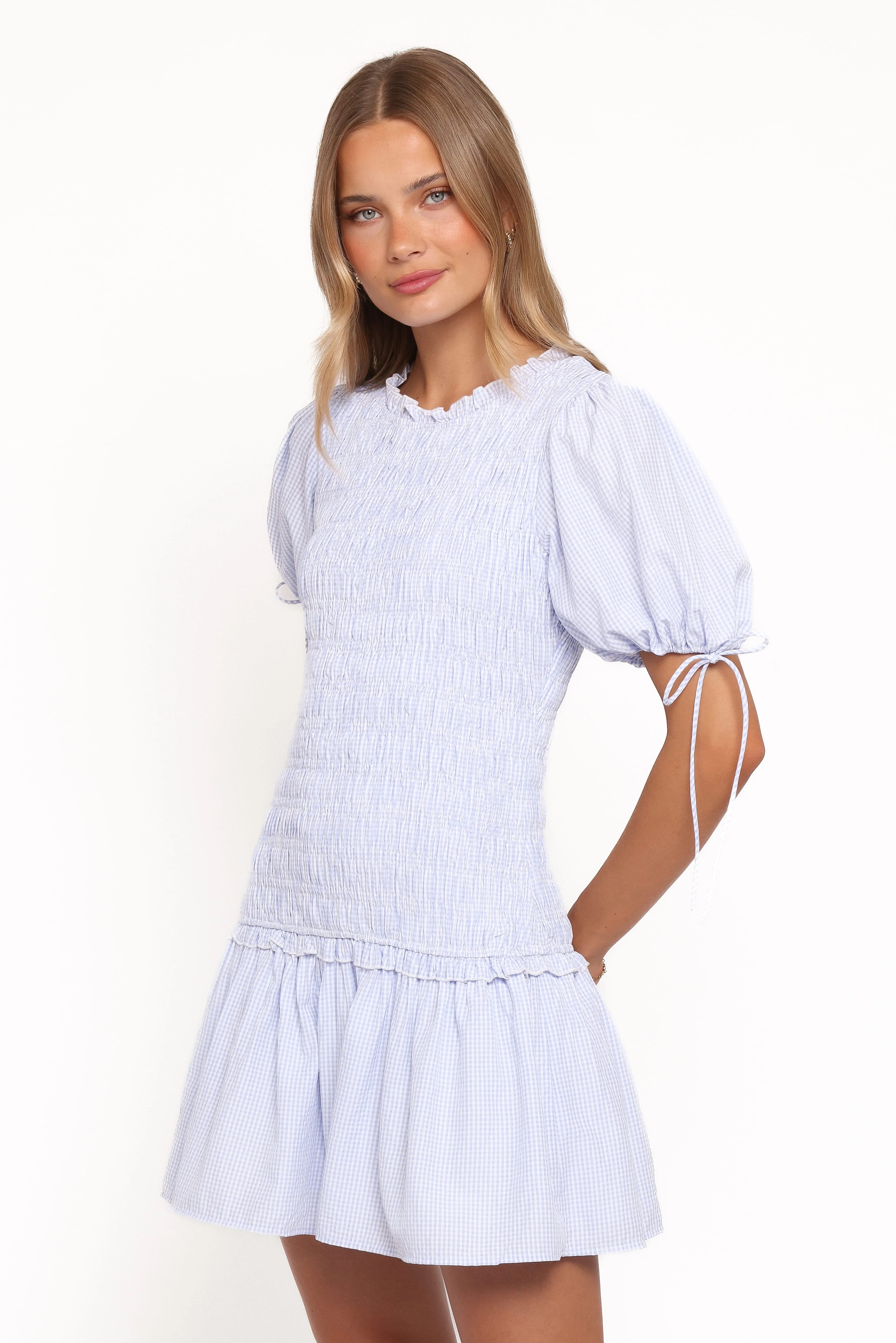 Kaelyn Gather Mini Dress - Blue Gingham