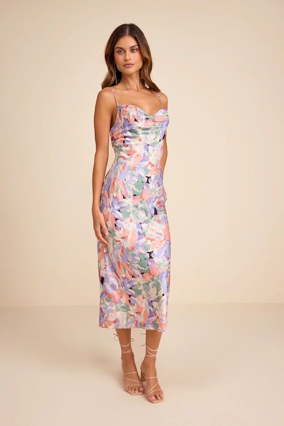 Lavender Multi Dress - Floral Satin Dress - Cowl Neck Midi Dress