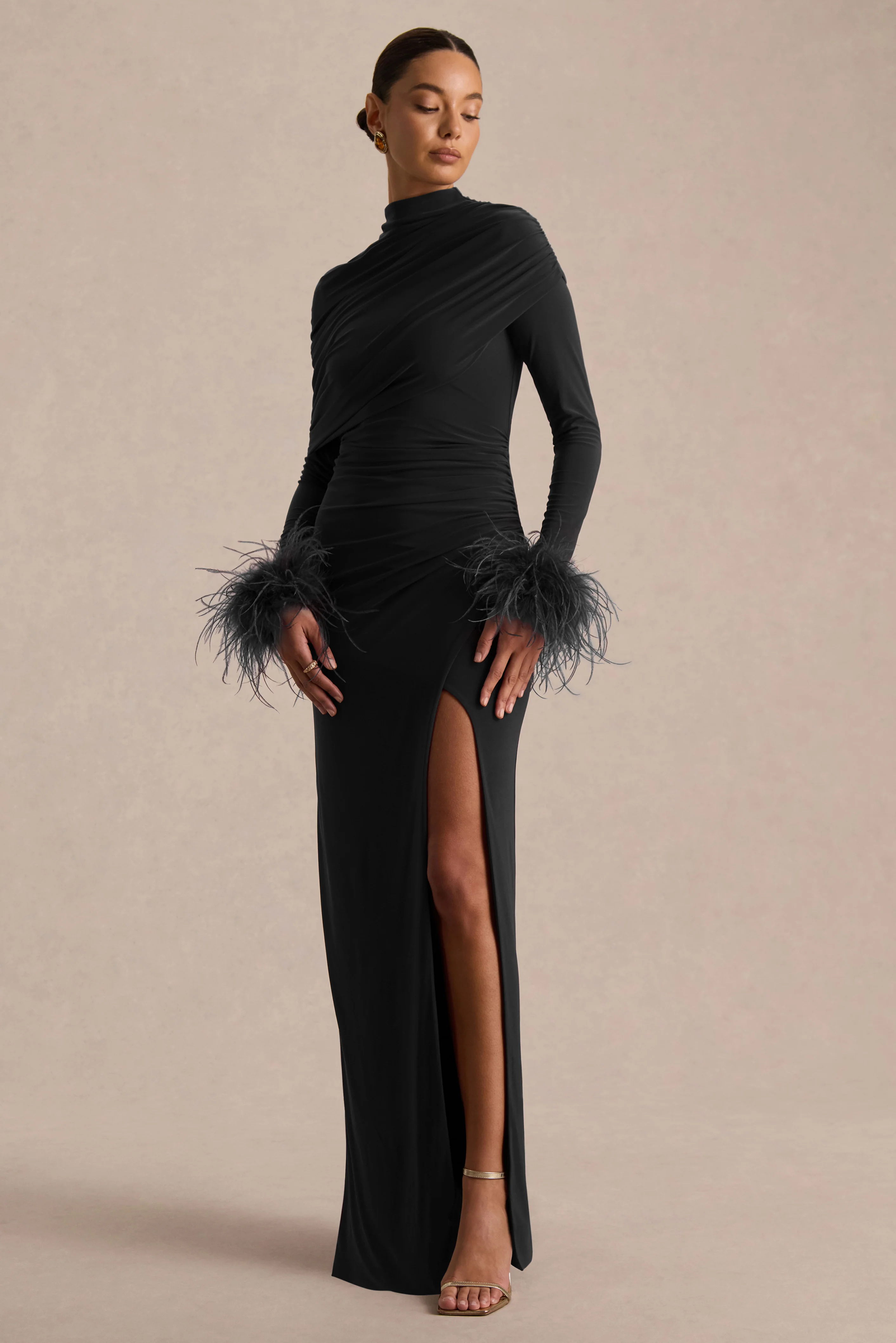 Gatsby | Black High-Neck Maxi Dress With Feather Trim Cuffs