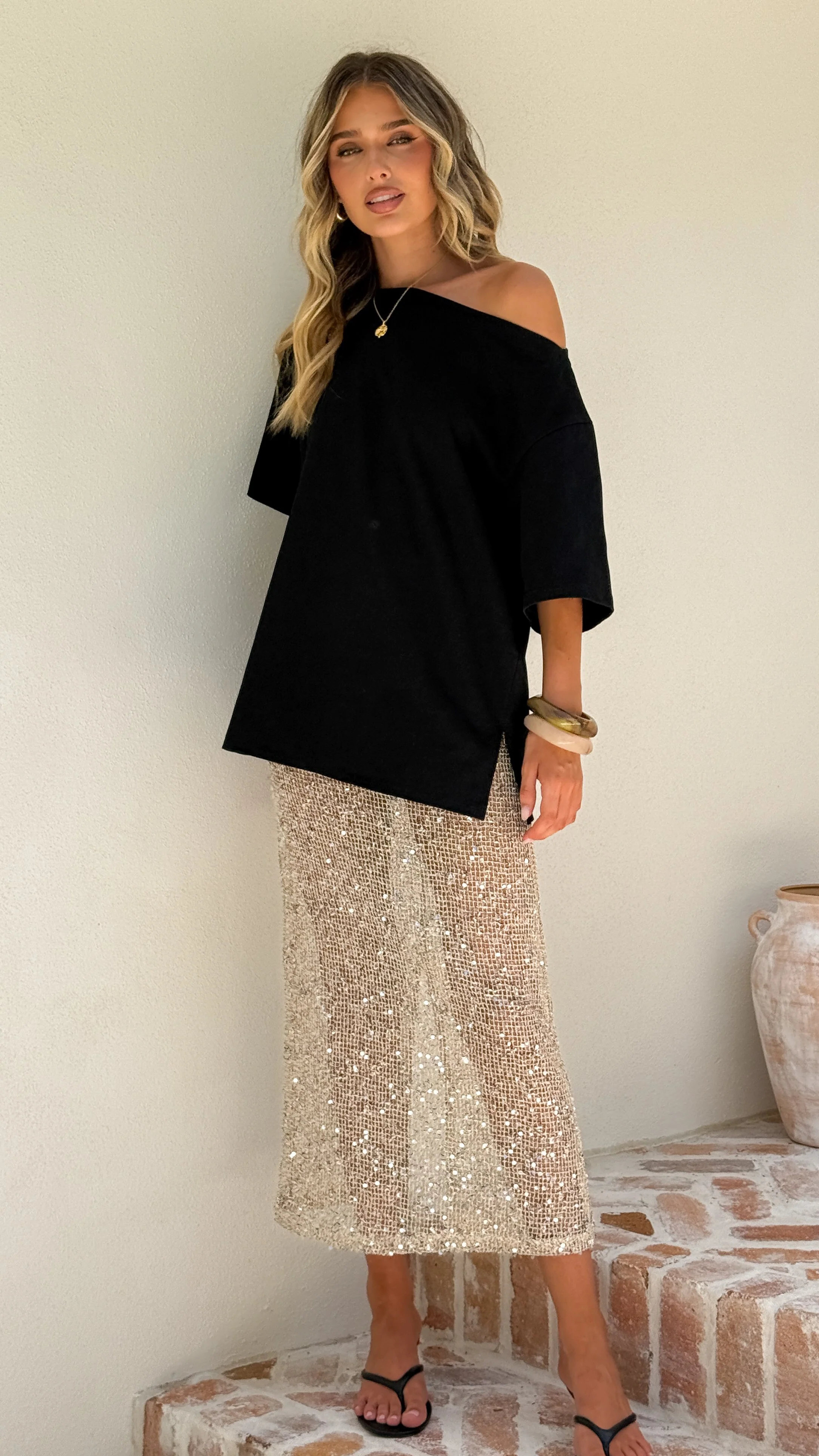 Verlo Sequins Maxi Skirt - Beige