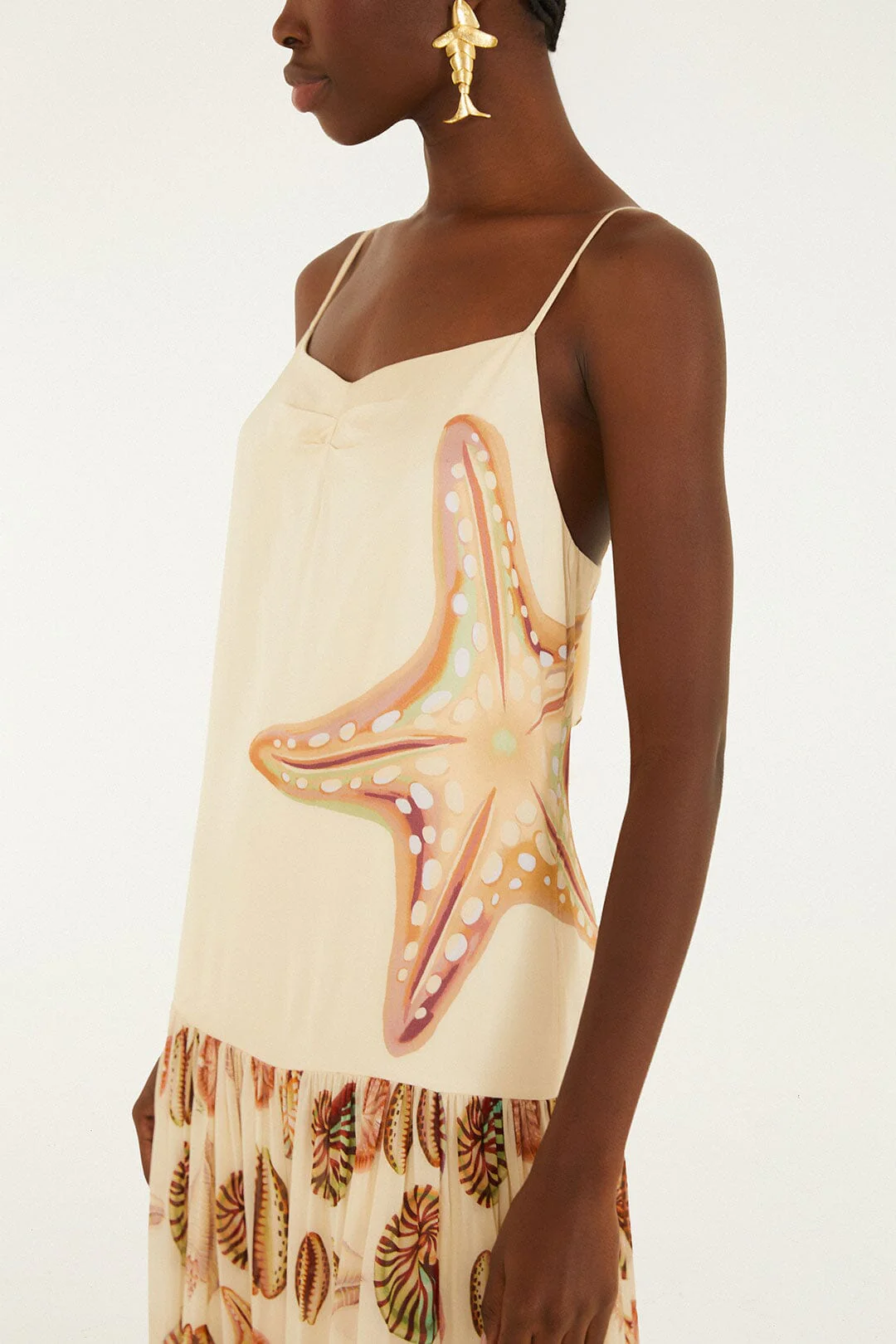 Sand Marine Shells Pleated Sleeveless Maxi Dress