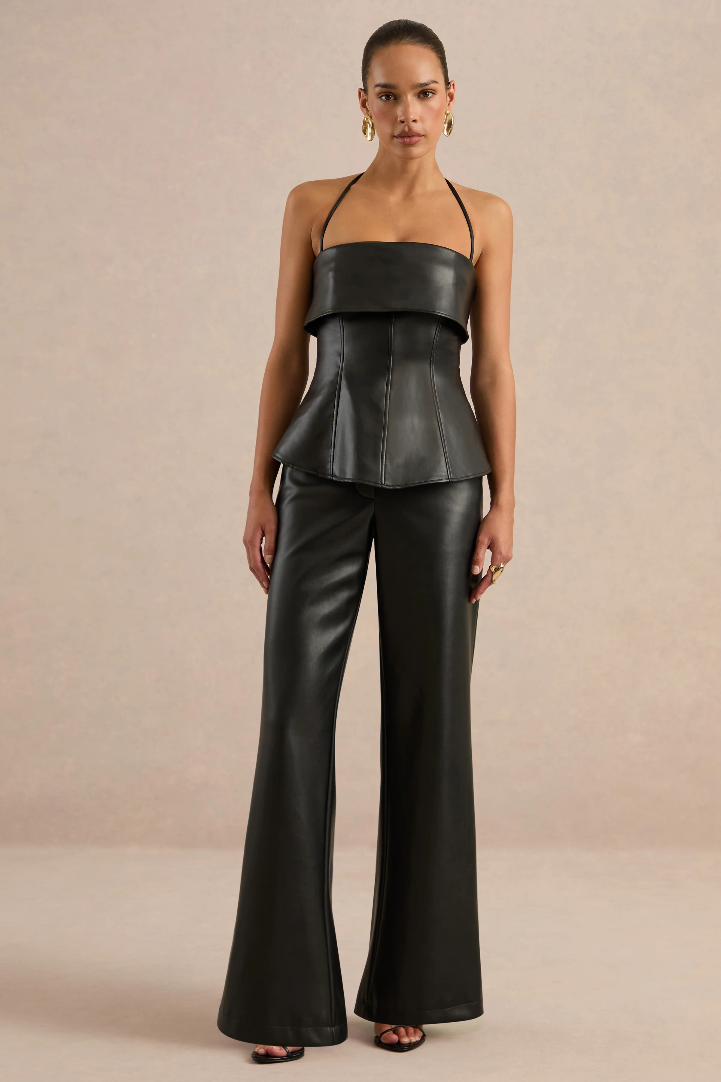 Gaelina | Black Faux Leather Straight Leg Trousers