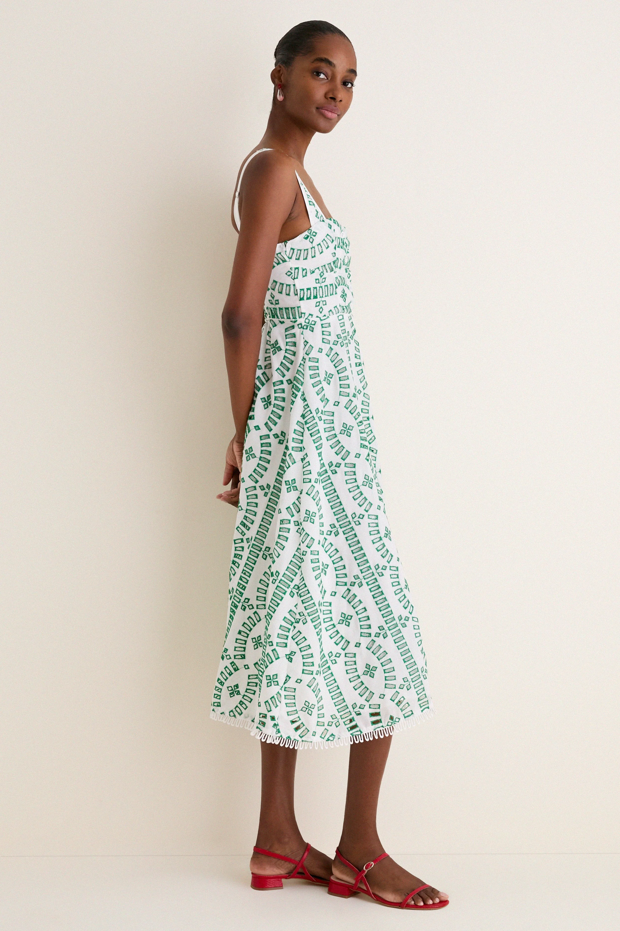 Green Multi Embroidered Detail Midi Dress
