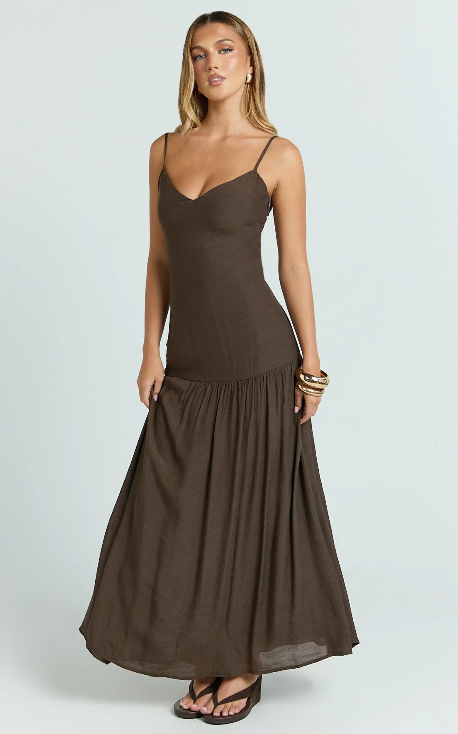 Collins Maxi Dress - V Neck Dropped Waist Gathered Maxi Dress in Chocolate