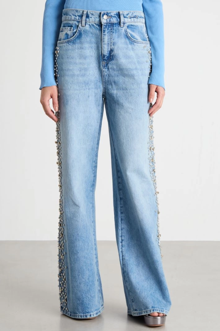 Rhinestone-embellished wide-leg jeans - LIGHT BLUE